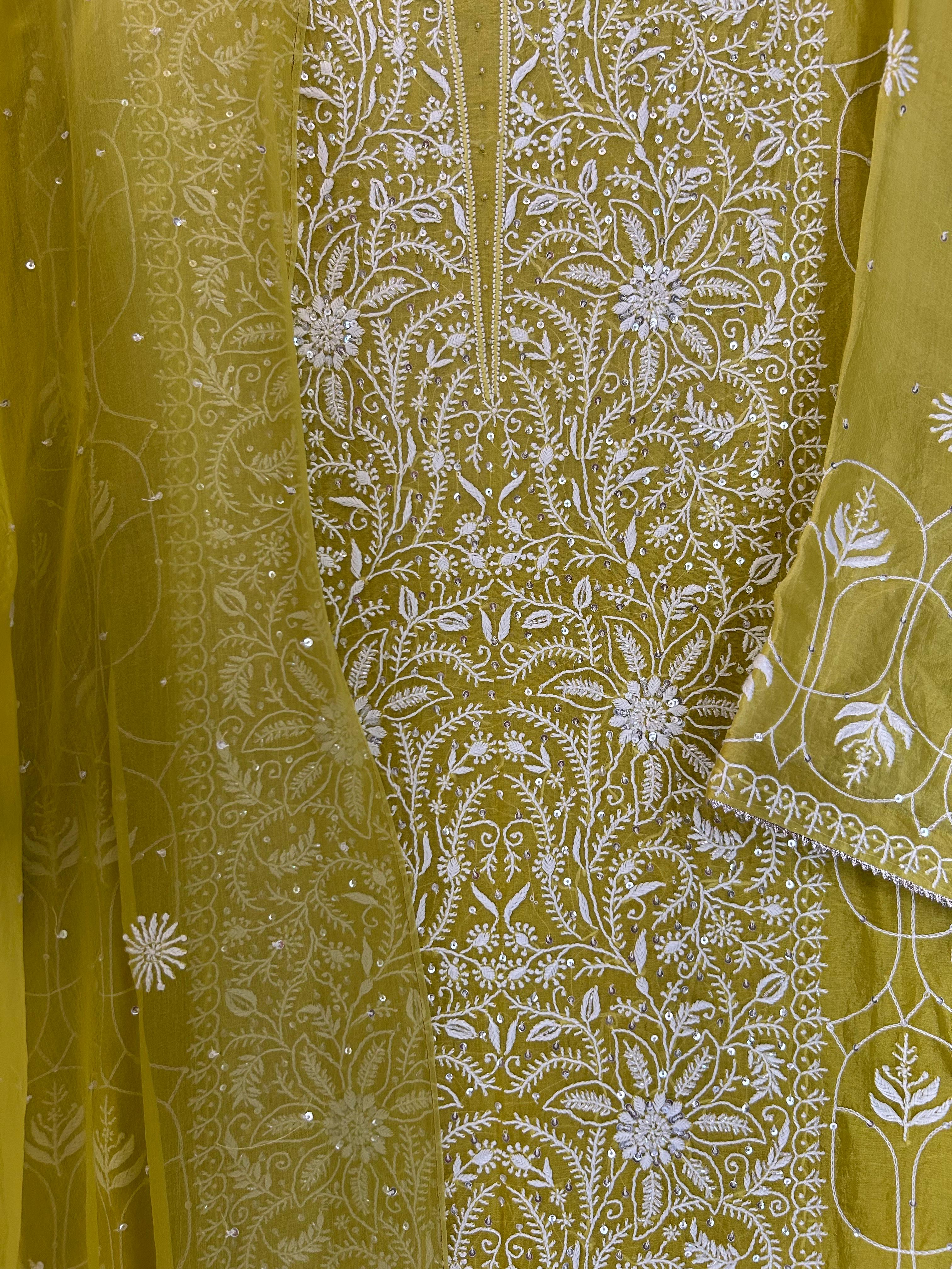 Lime green organza chikankari kurta set