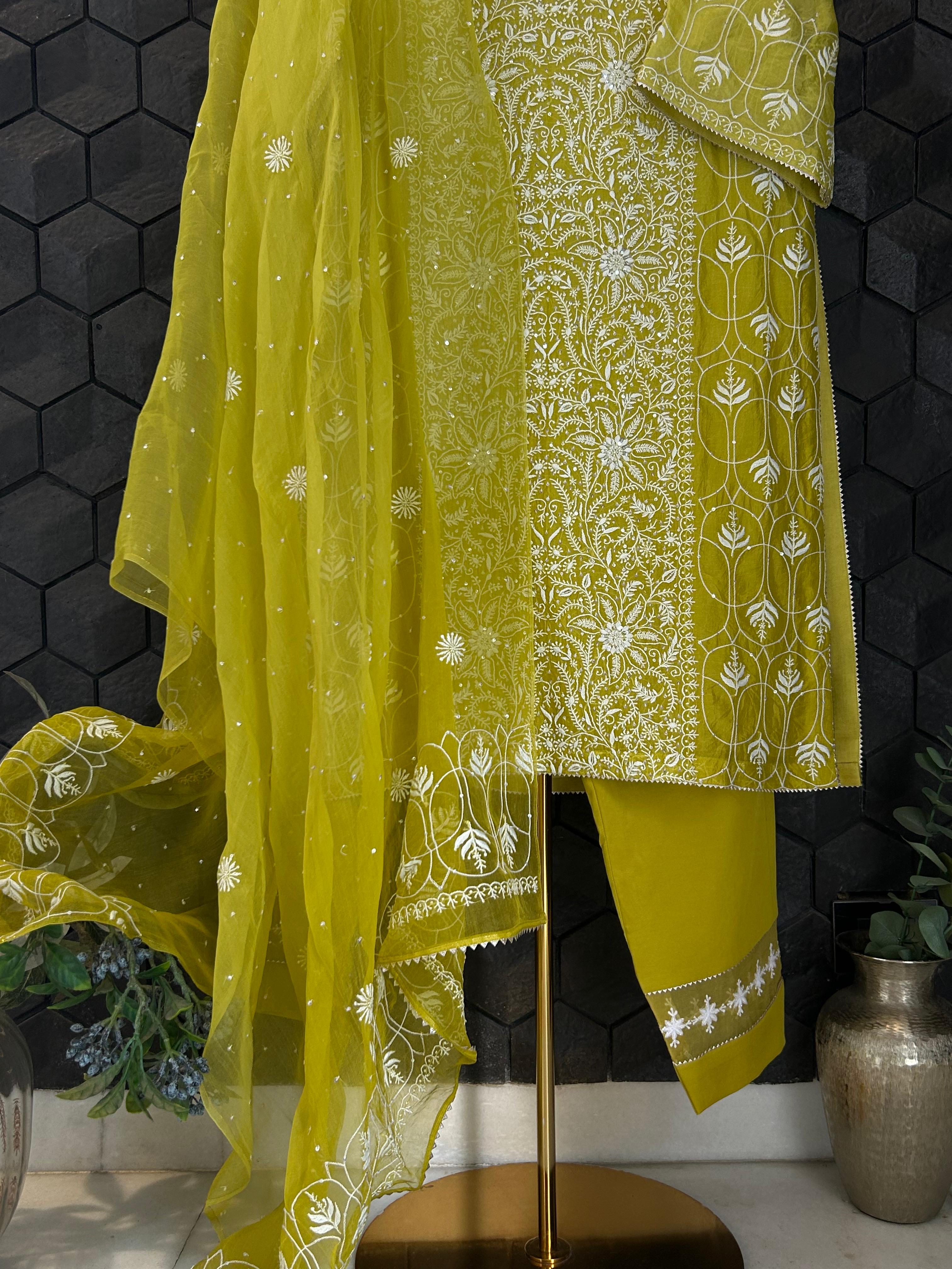 Lime green organza chikankari kurta set
