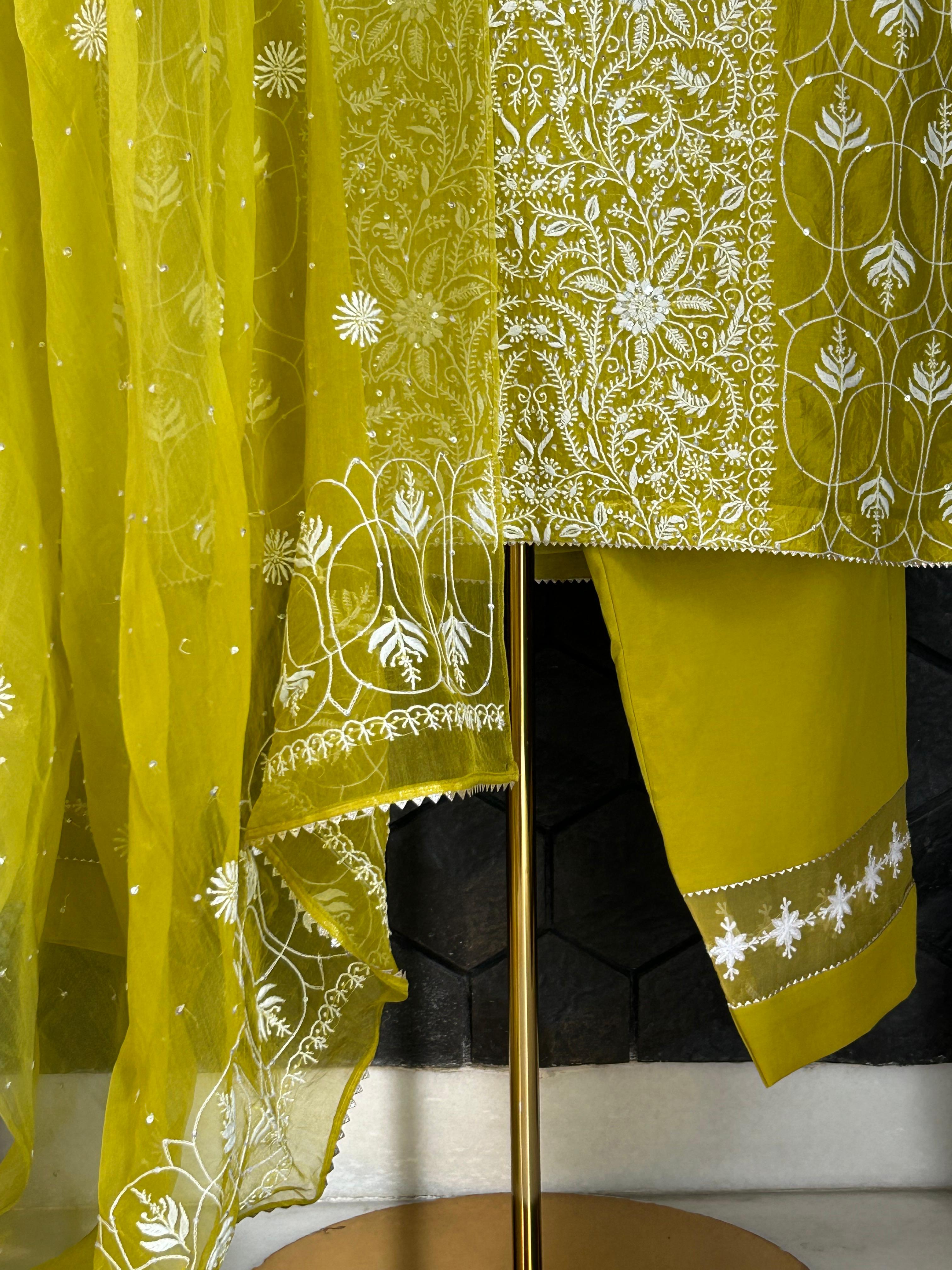 Lime green organza chikankari kurta set