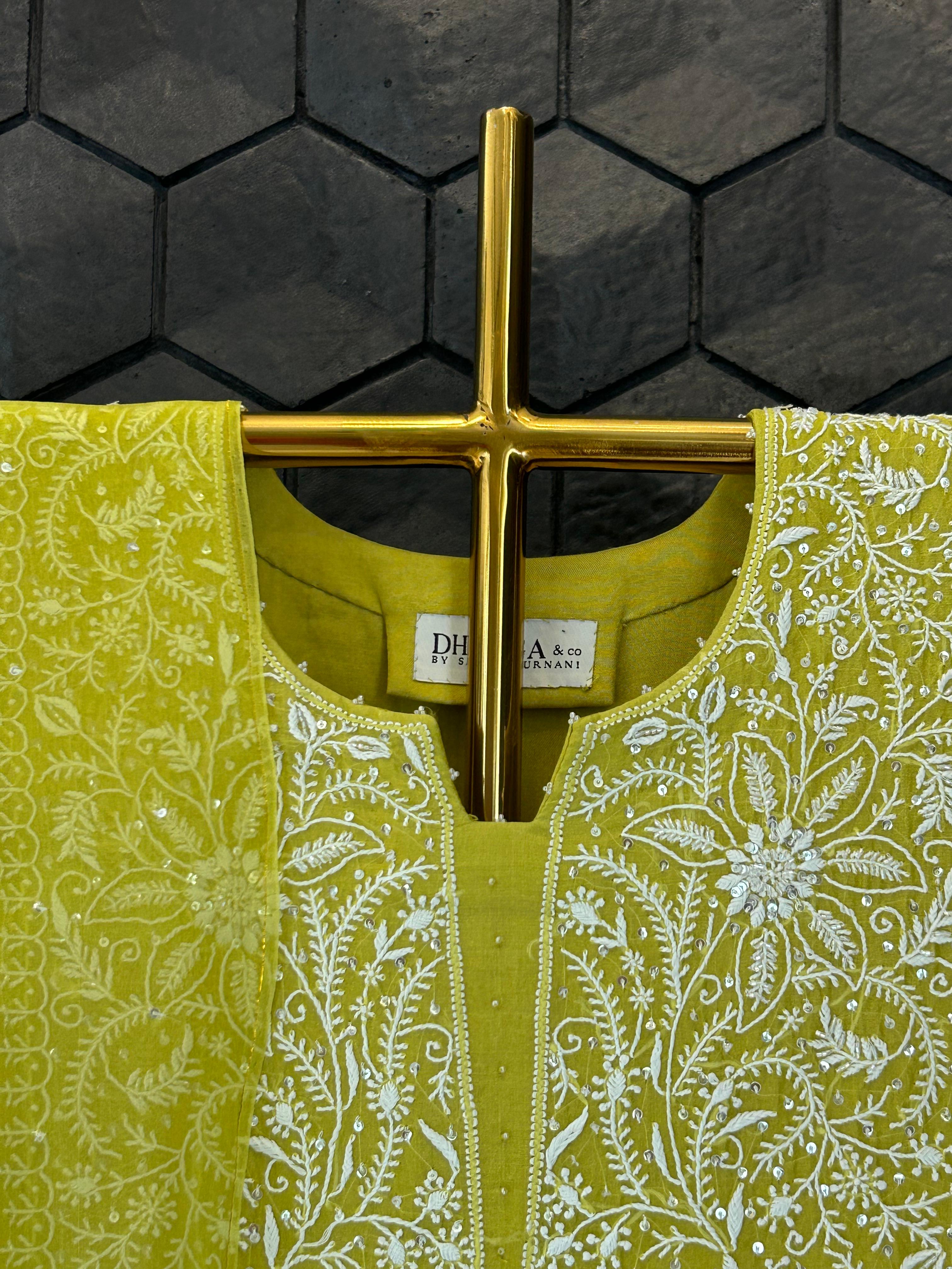 Lime green organza chikankari kurta set