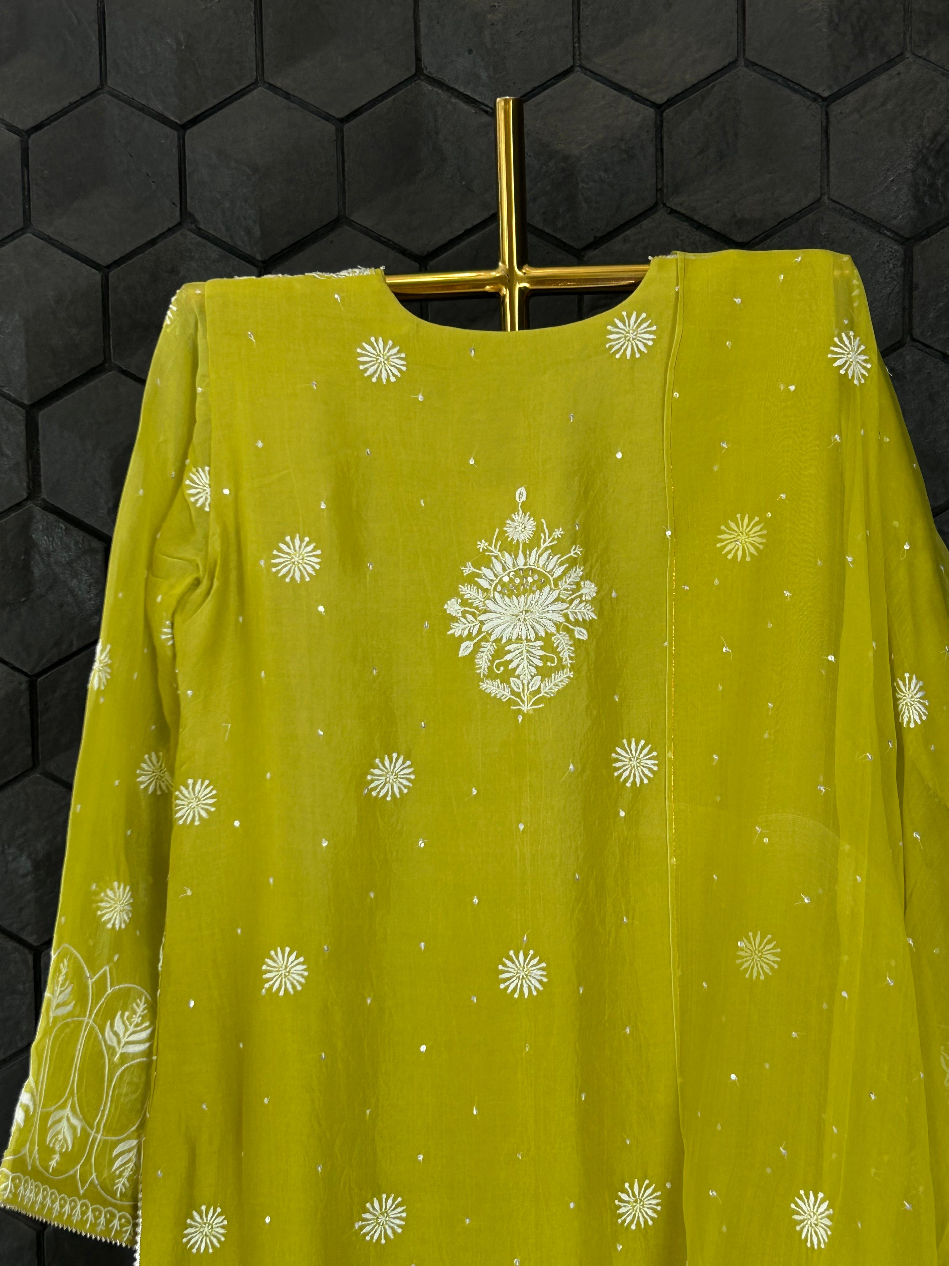 Lime green organza chikankari kurta set