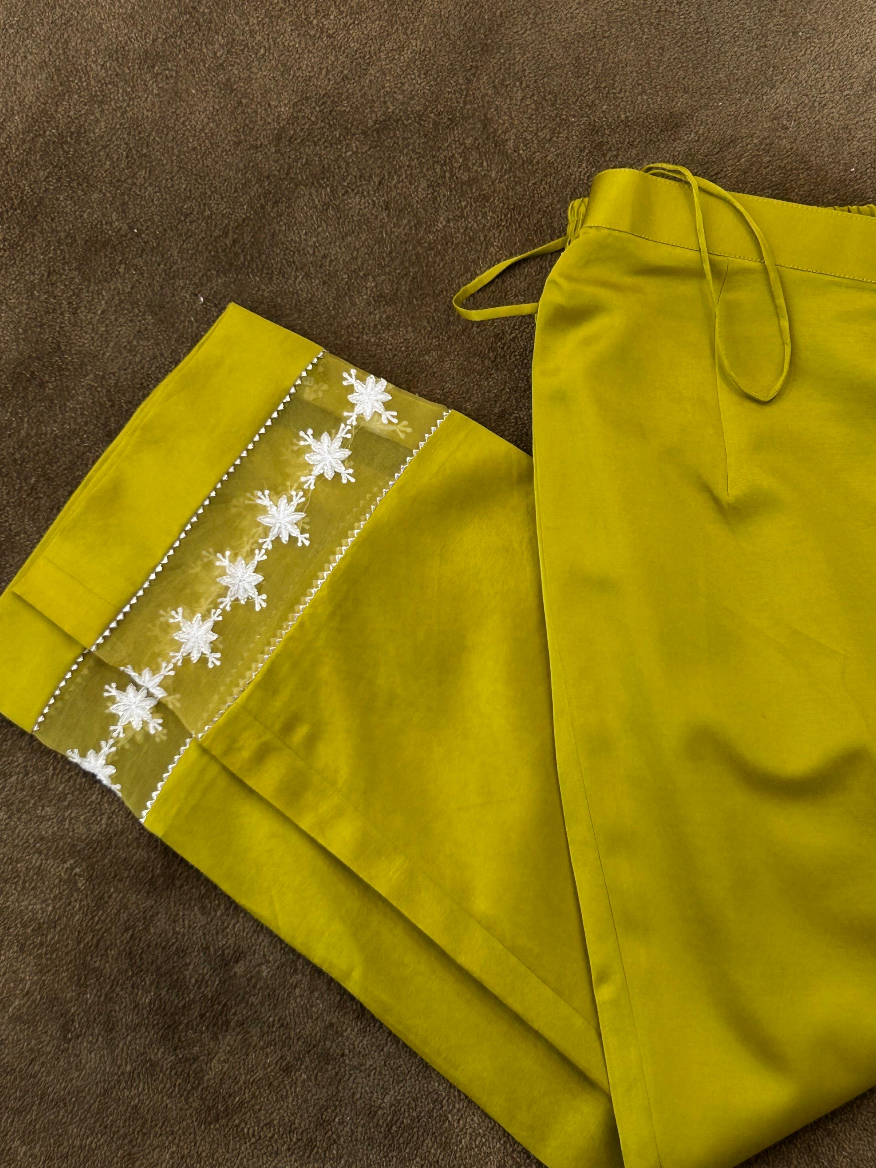 Lime green organza chikankari kurta set