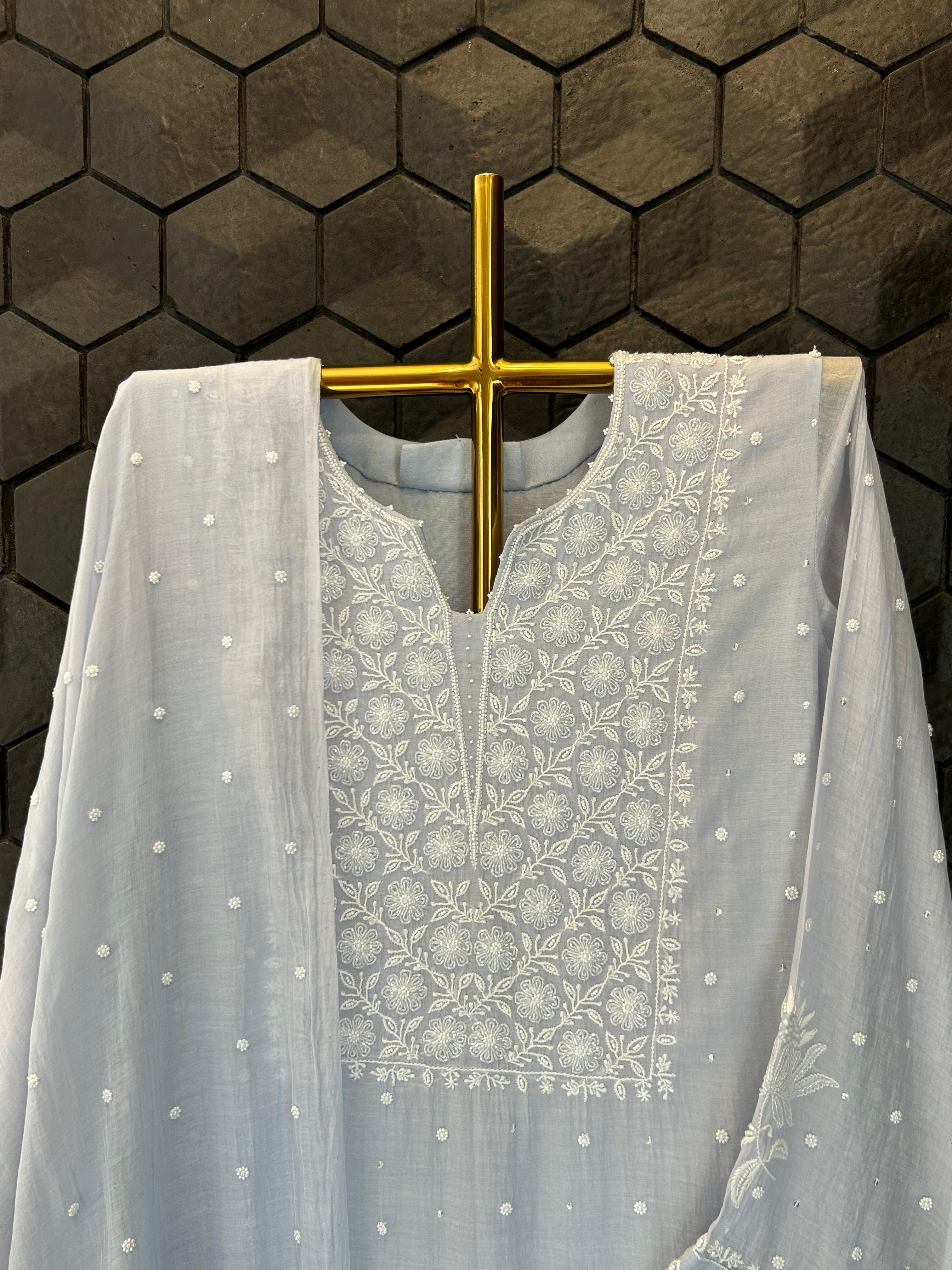 Blue mul chanderi chikankari kurta set