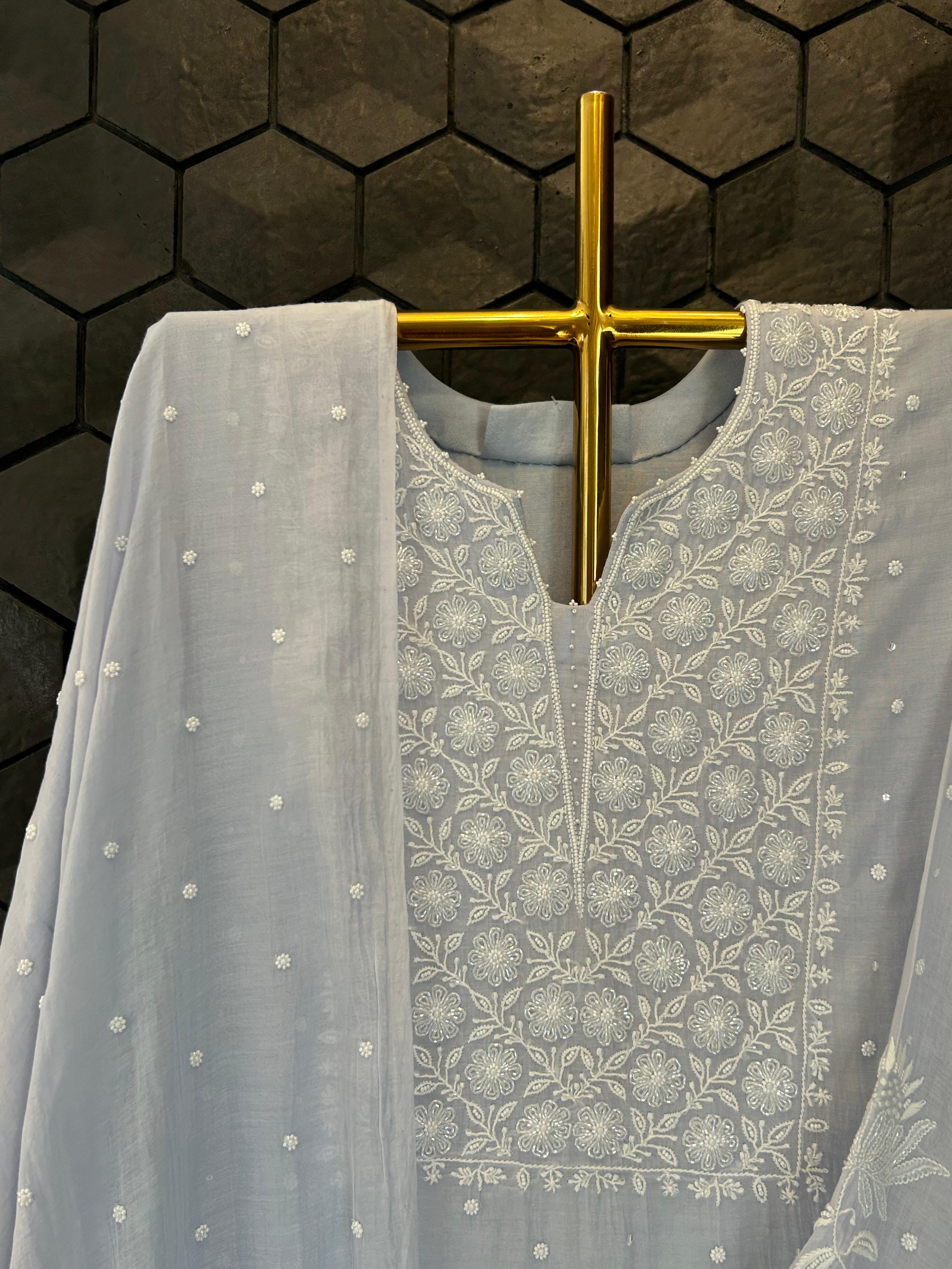 Blue mul chanderi chikankari kurta set