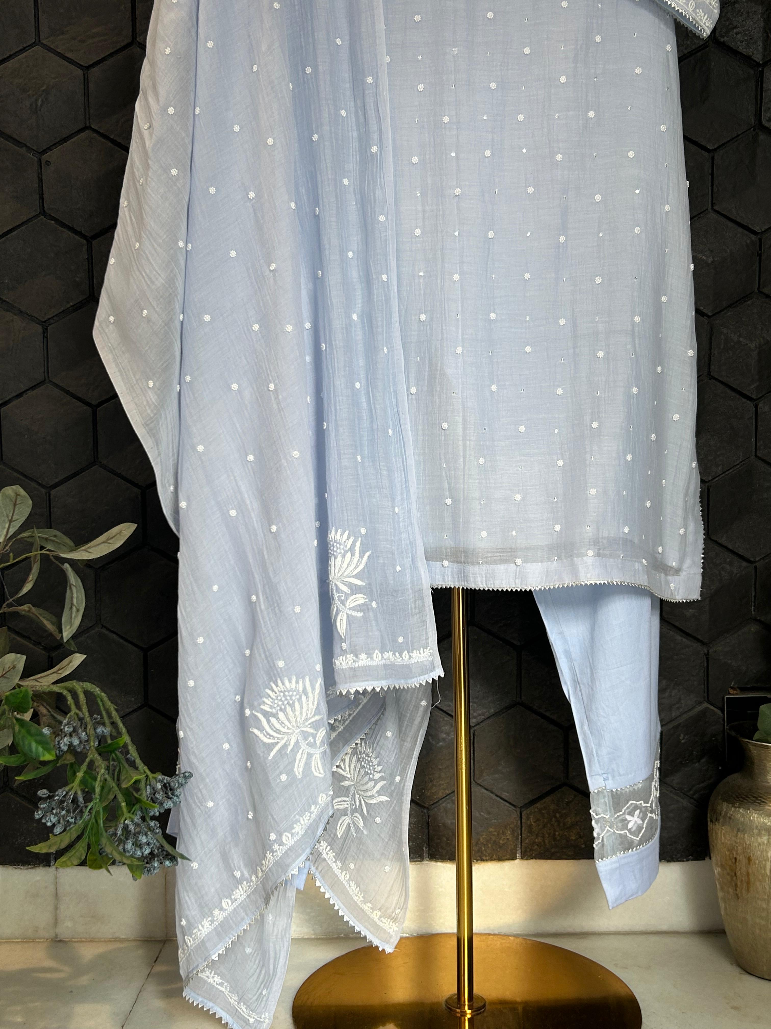 Blue mul chanderi chikankari kurta set
