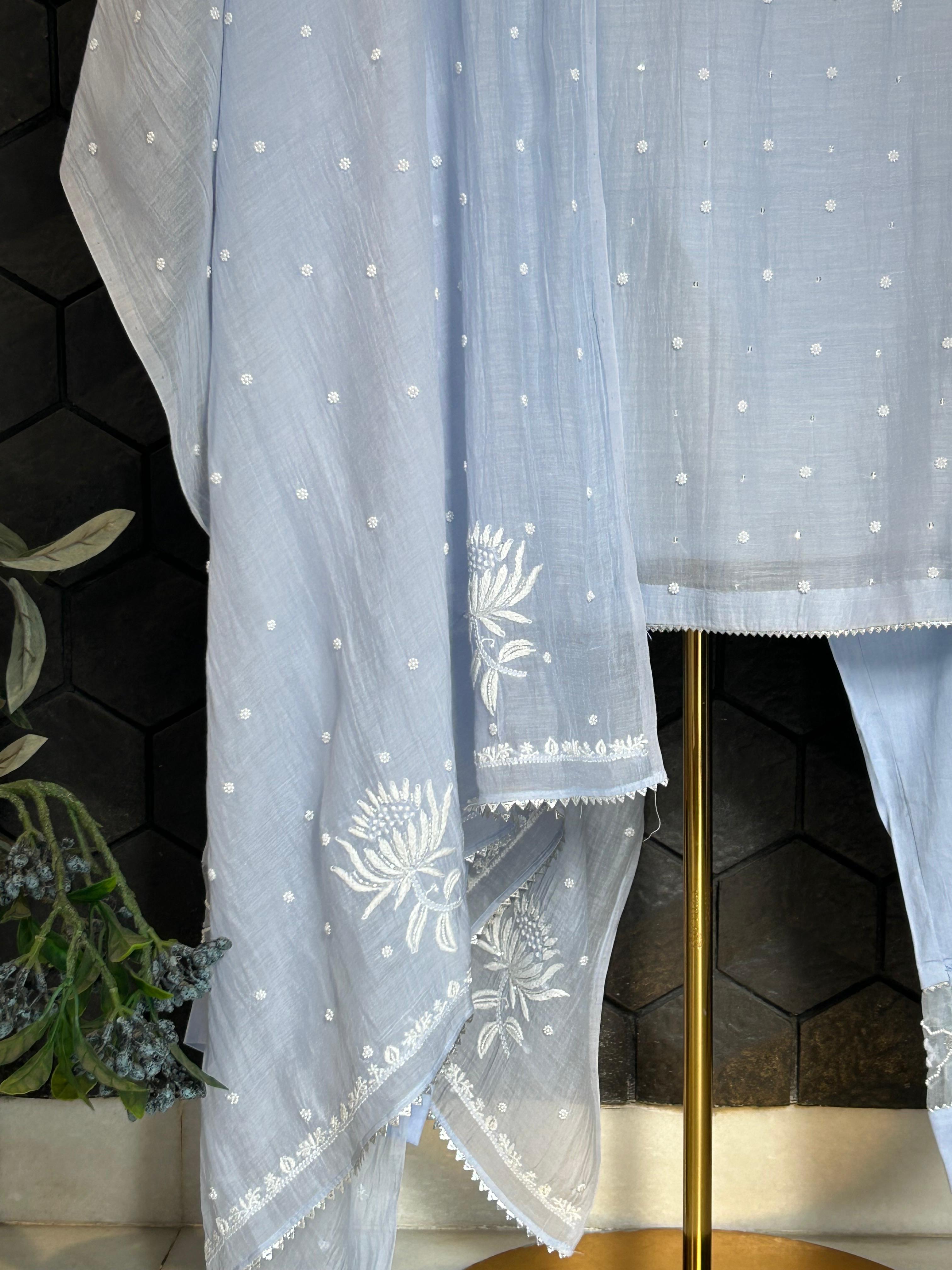 Blue mul chanderi chikankari kurta set