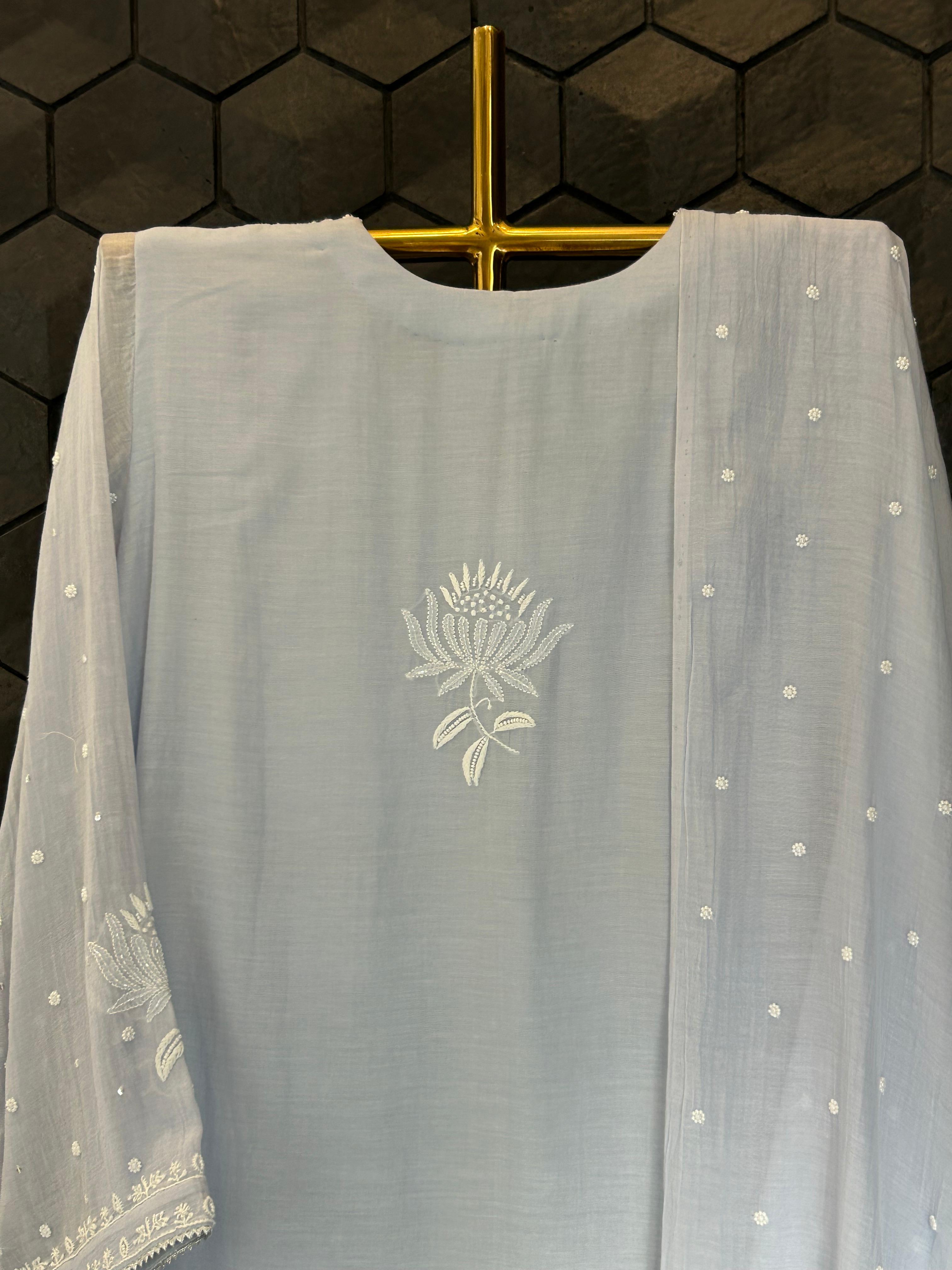 Blue mul chanderi chikankari kurta set