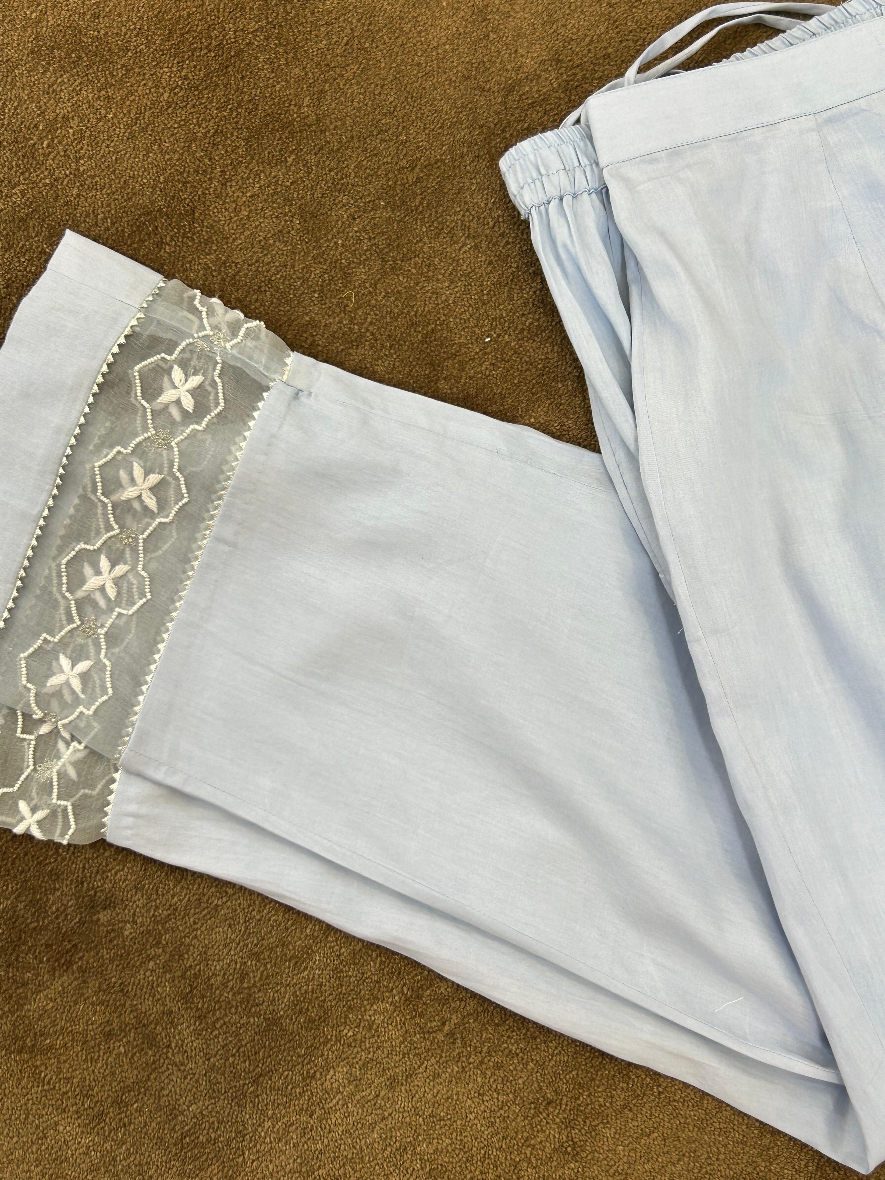 Blue mul chanderi chikankari kurta set