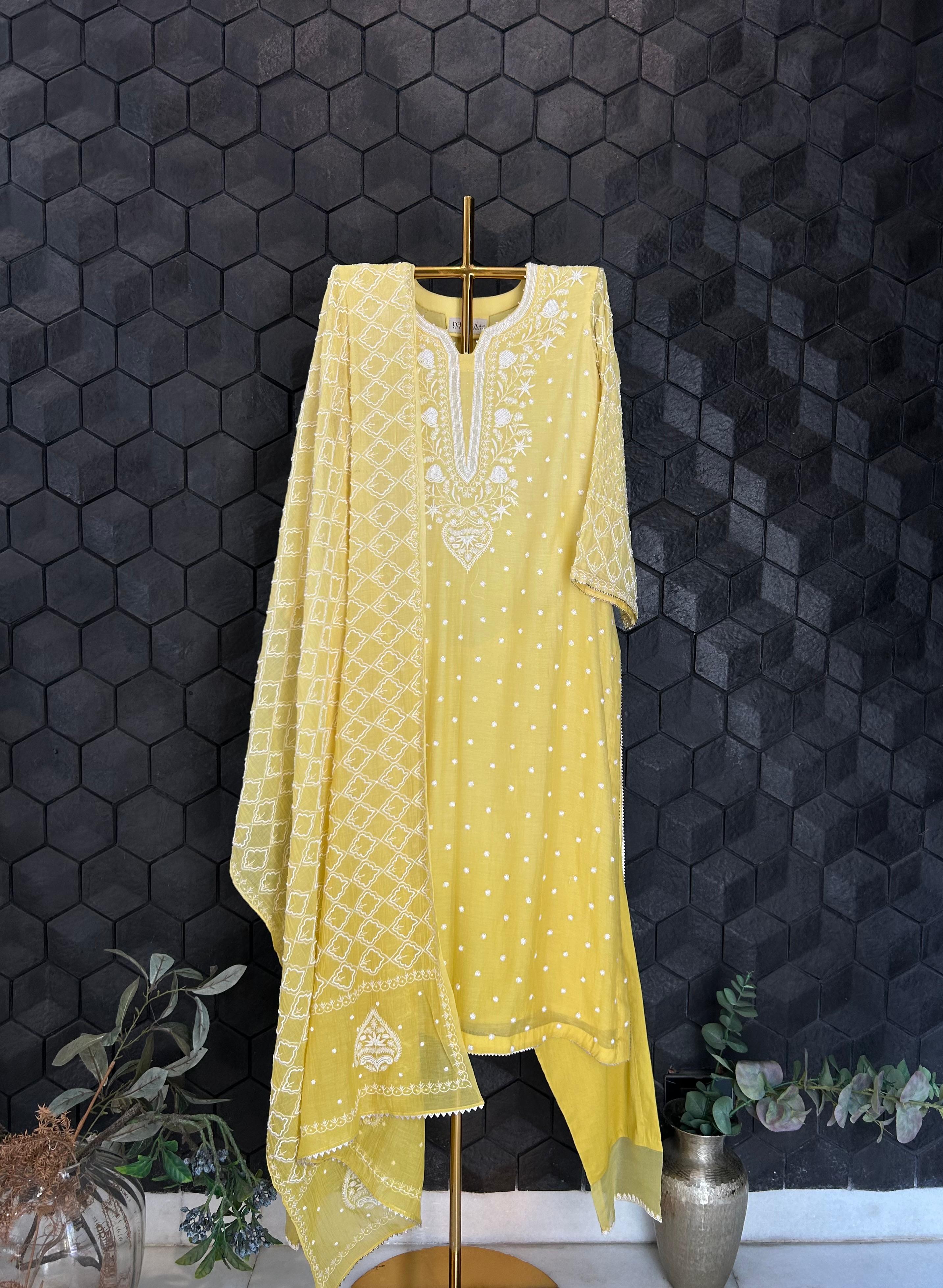 Lime green mul chanderi chikankari kurta set