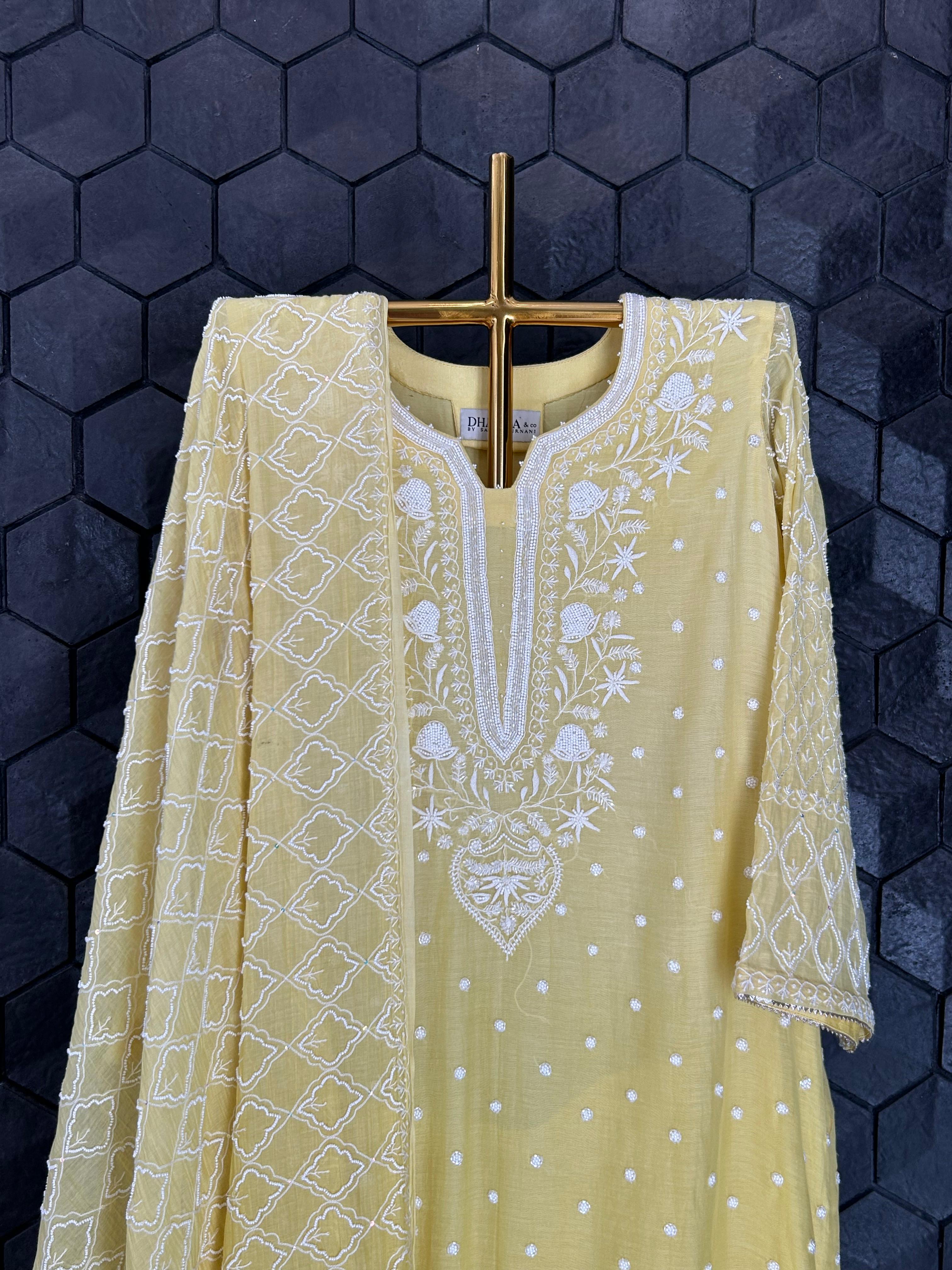 Lime green mul chanderi chikankari kurta set