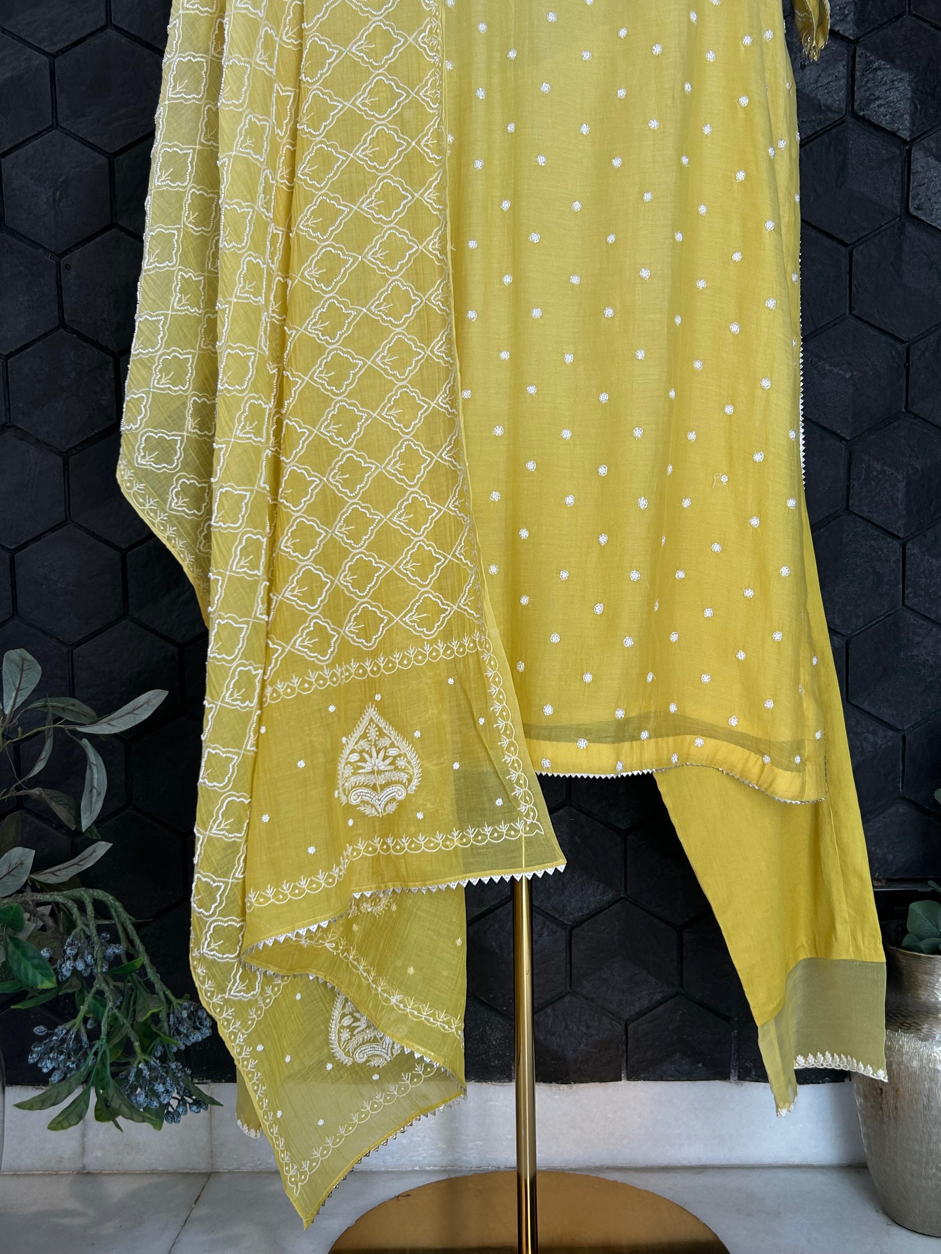 Lime green mul chanderi chikankari kurta set