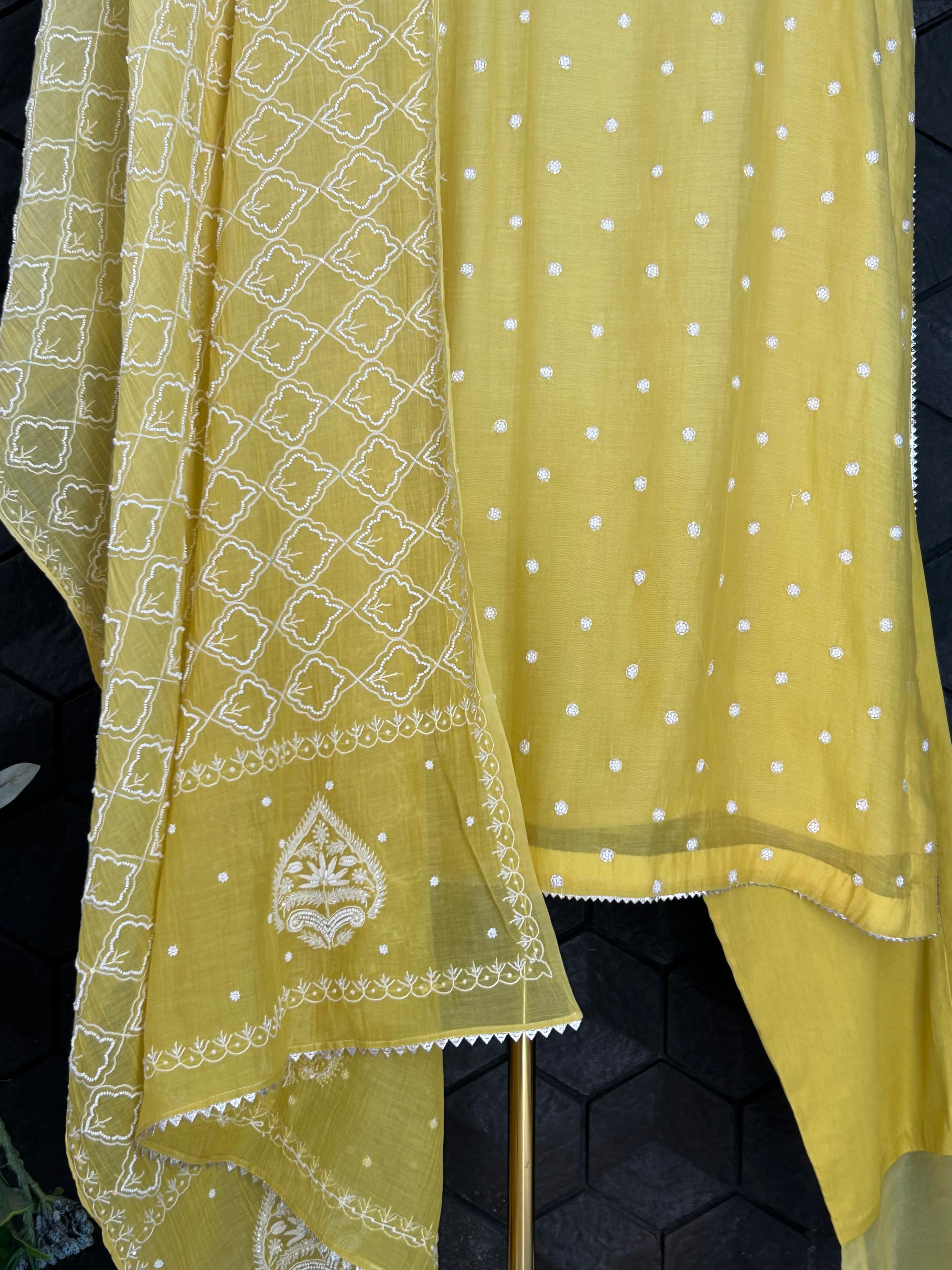 Lime green mul chanderi chikankari kurta set