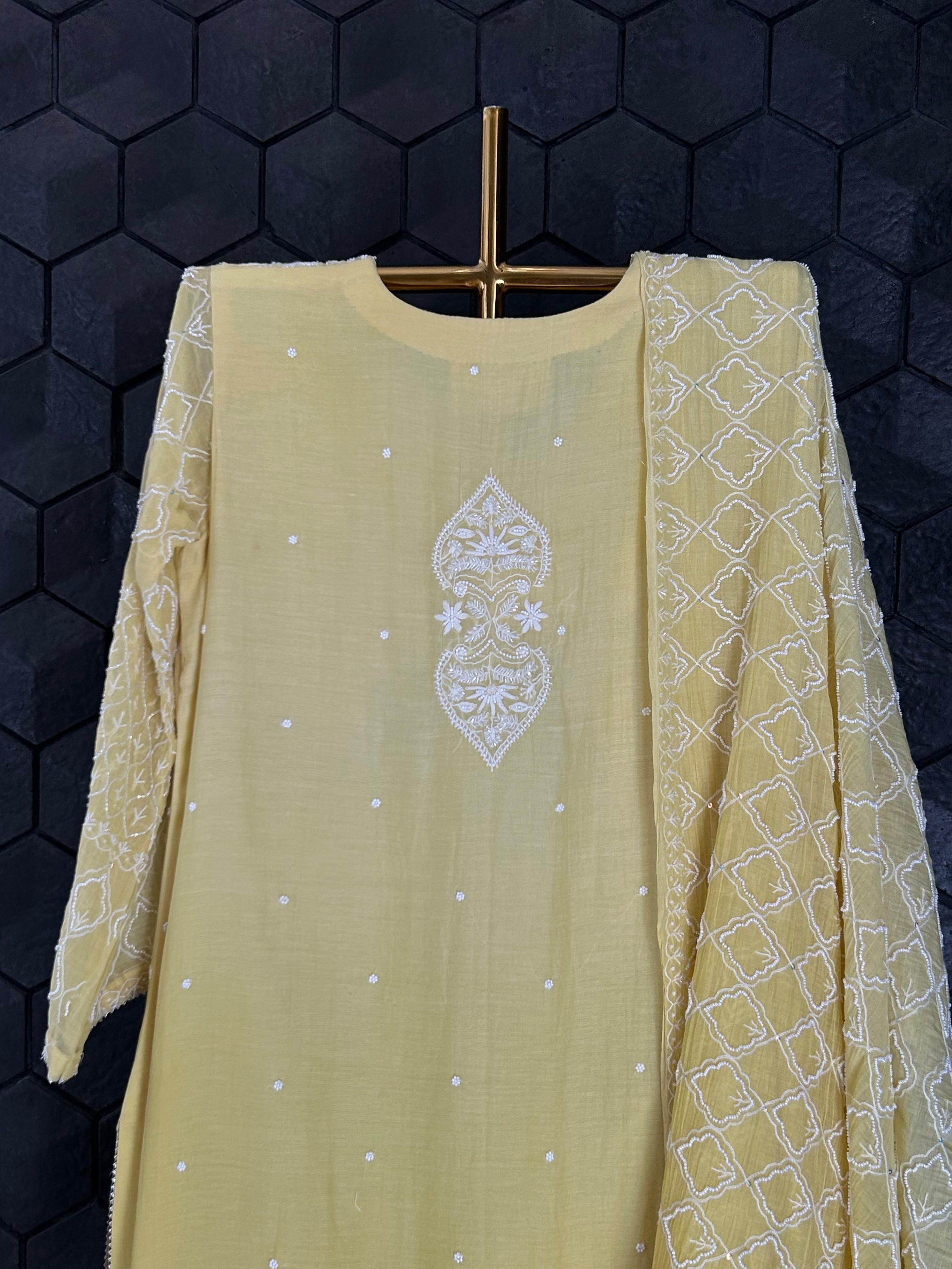 Lime green mul chanderi chikankari kurta set