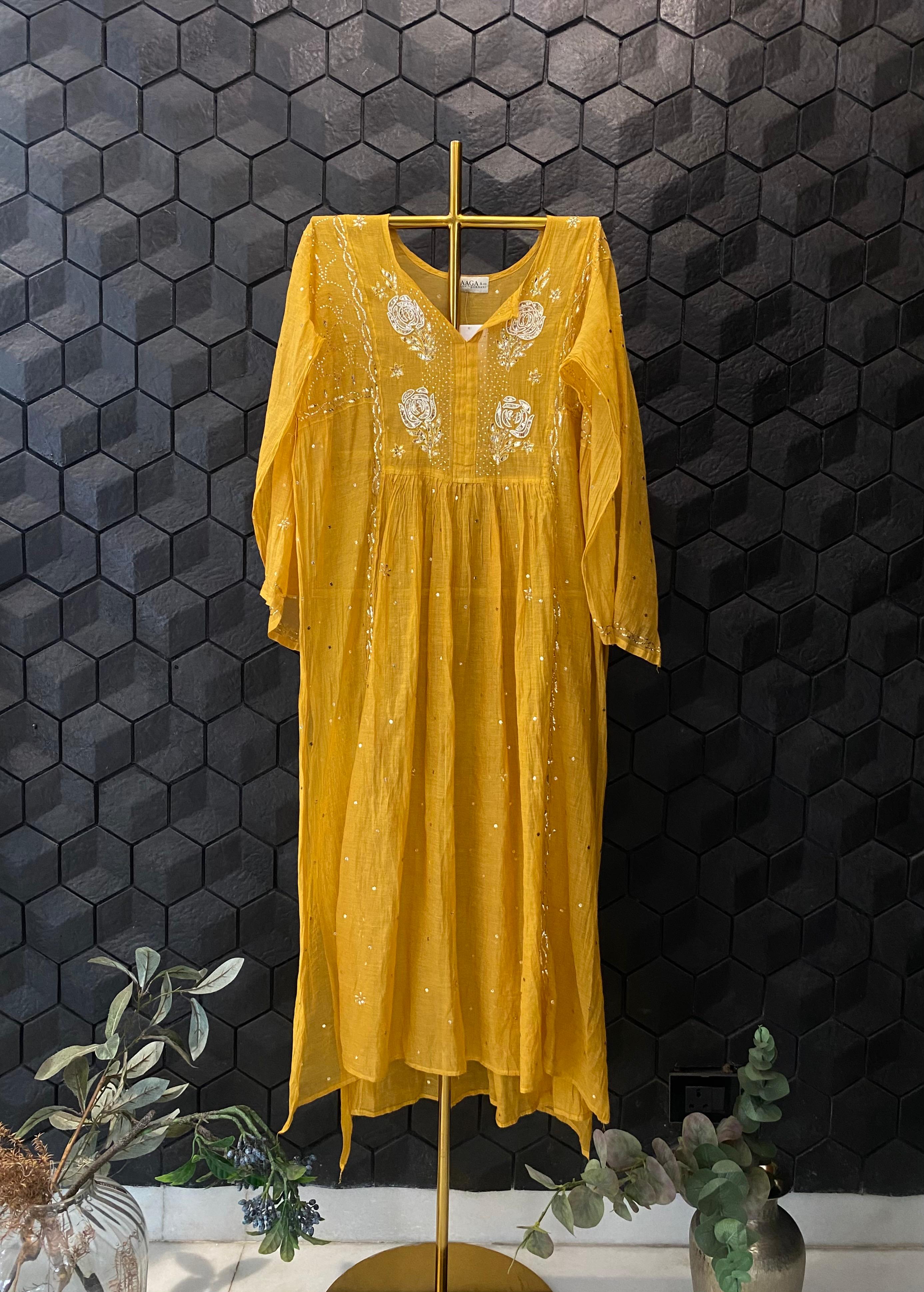 Mustard tissue chikankari kurta