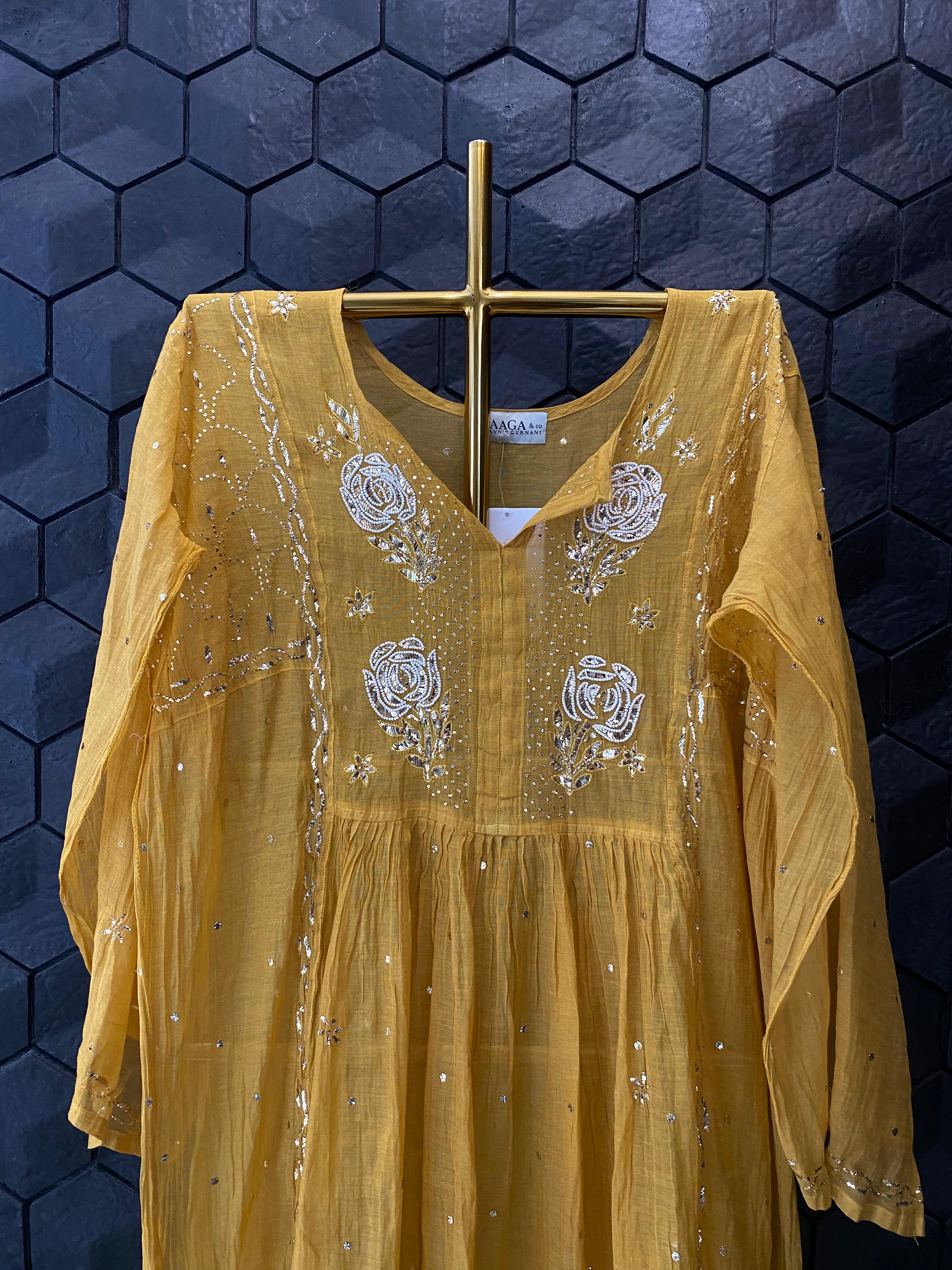 Mustard tissue chikankari kurta