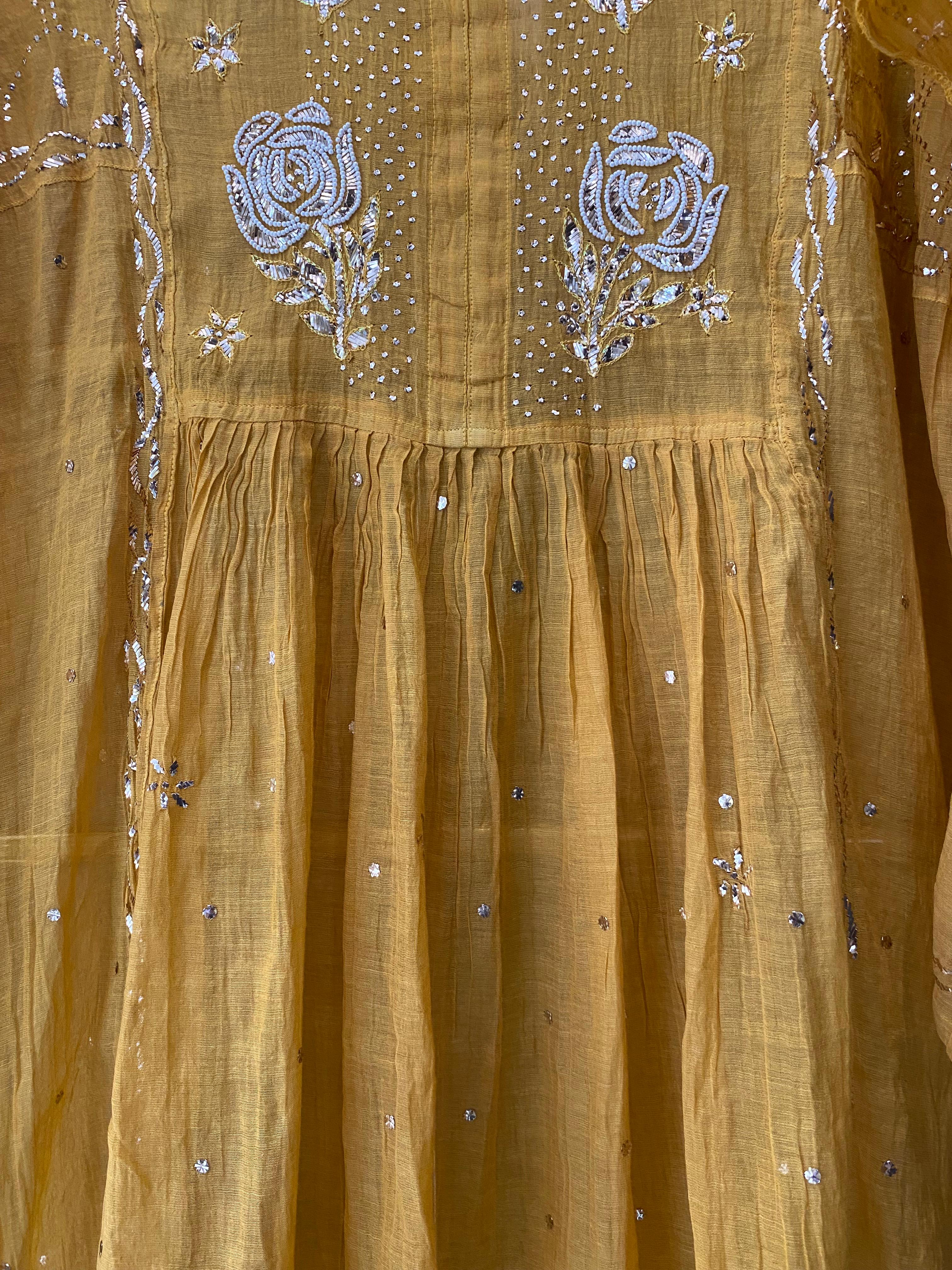 Mustard tissue chikankari kurta