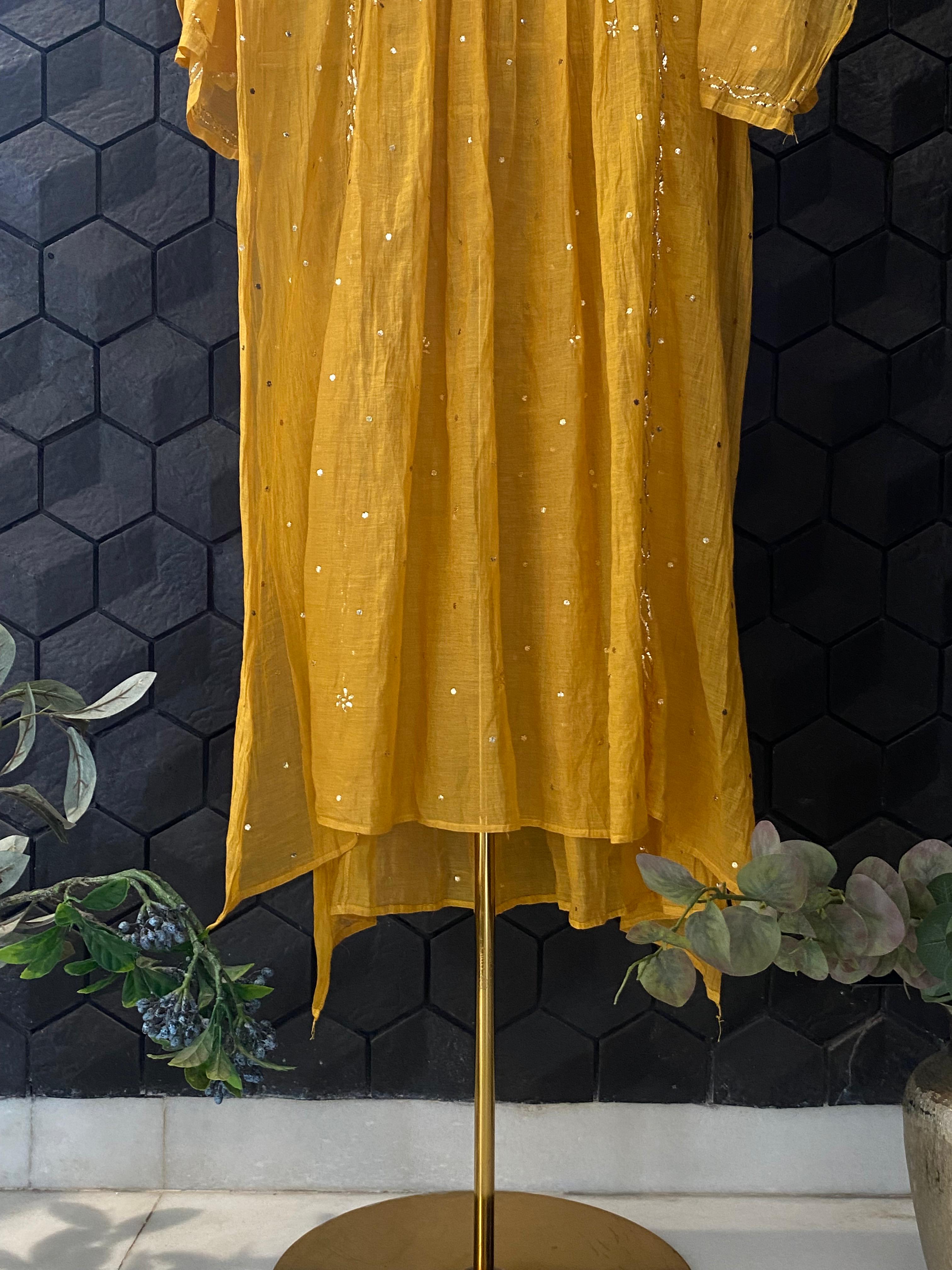 Mustard tissue chikankari kurta