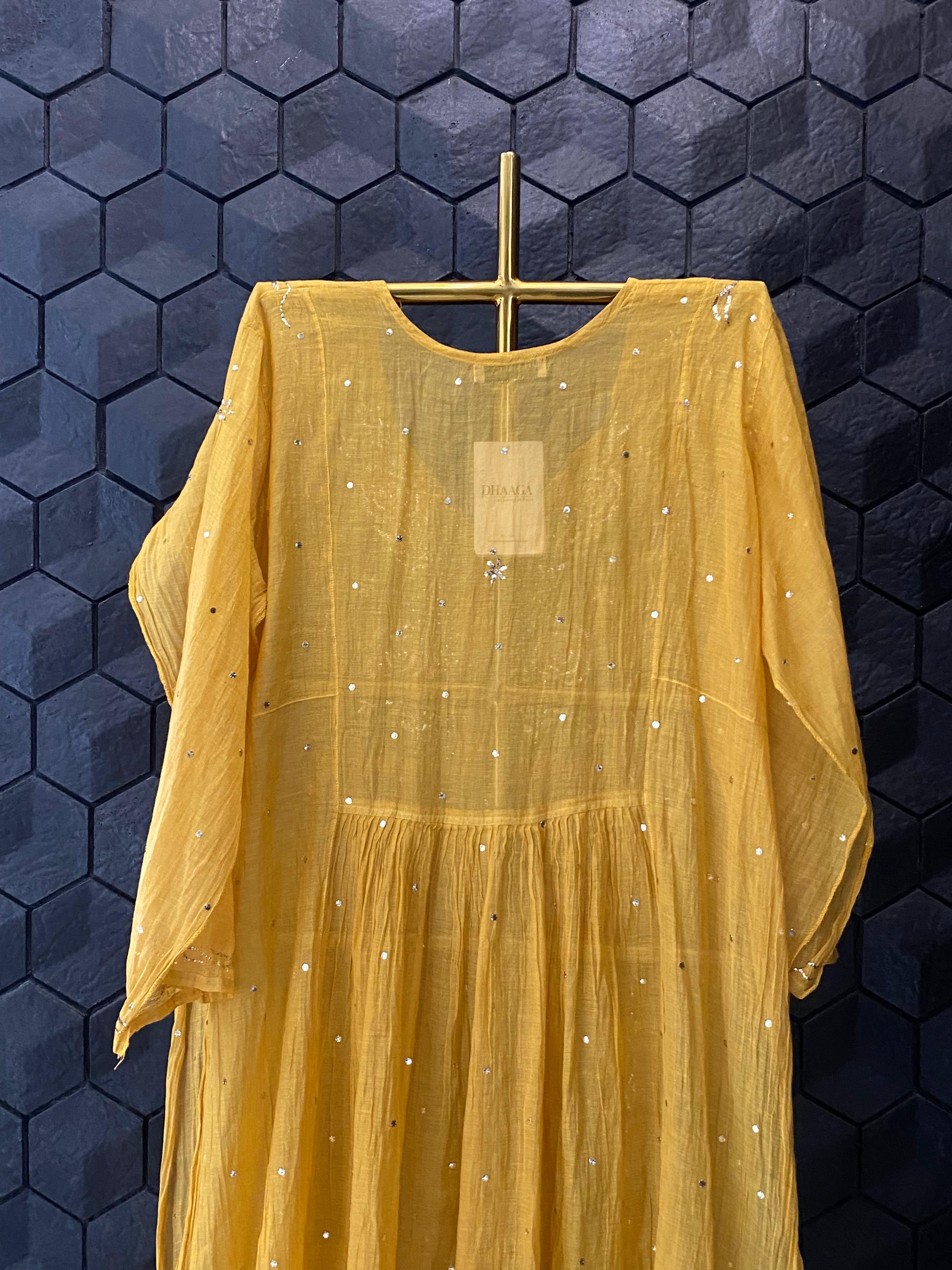 Mustard tissue chikankari kurta
