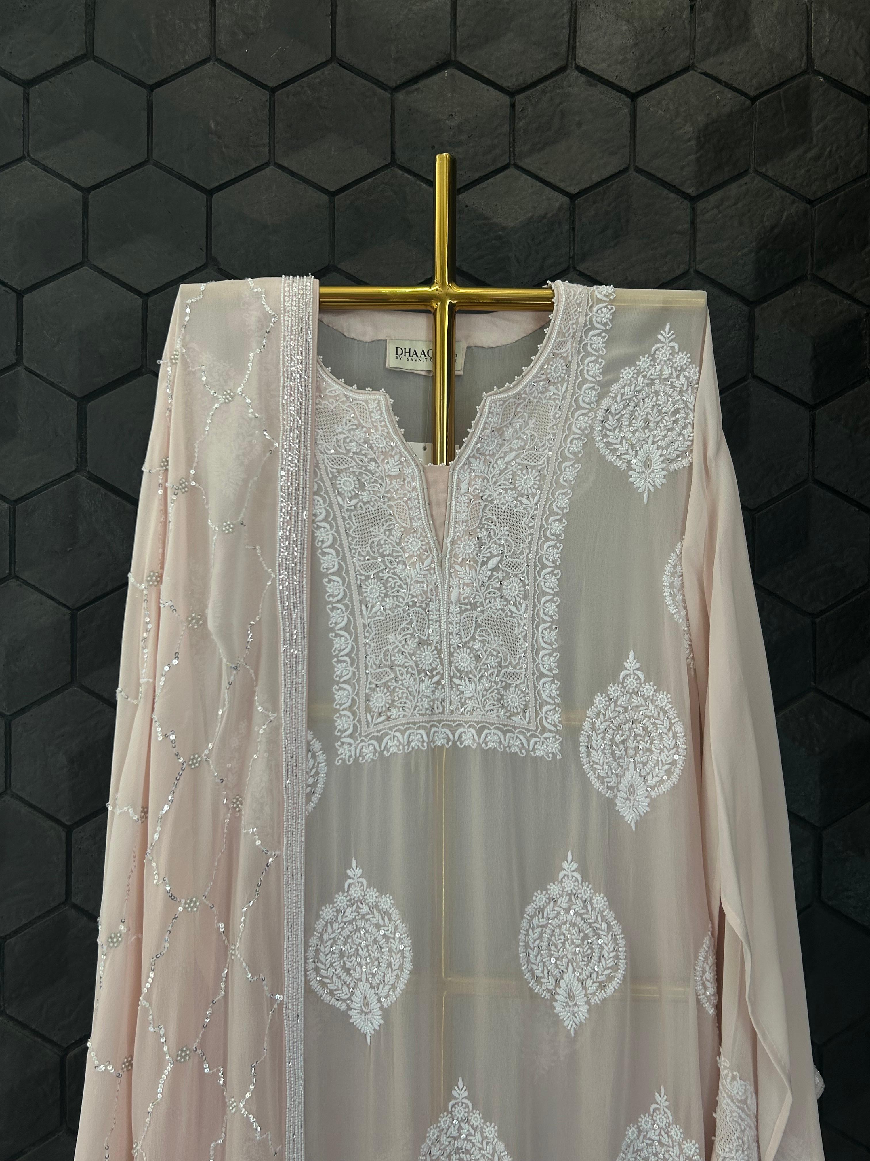 Pink georgette chikankari kurta set