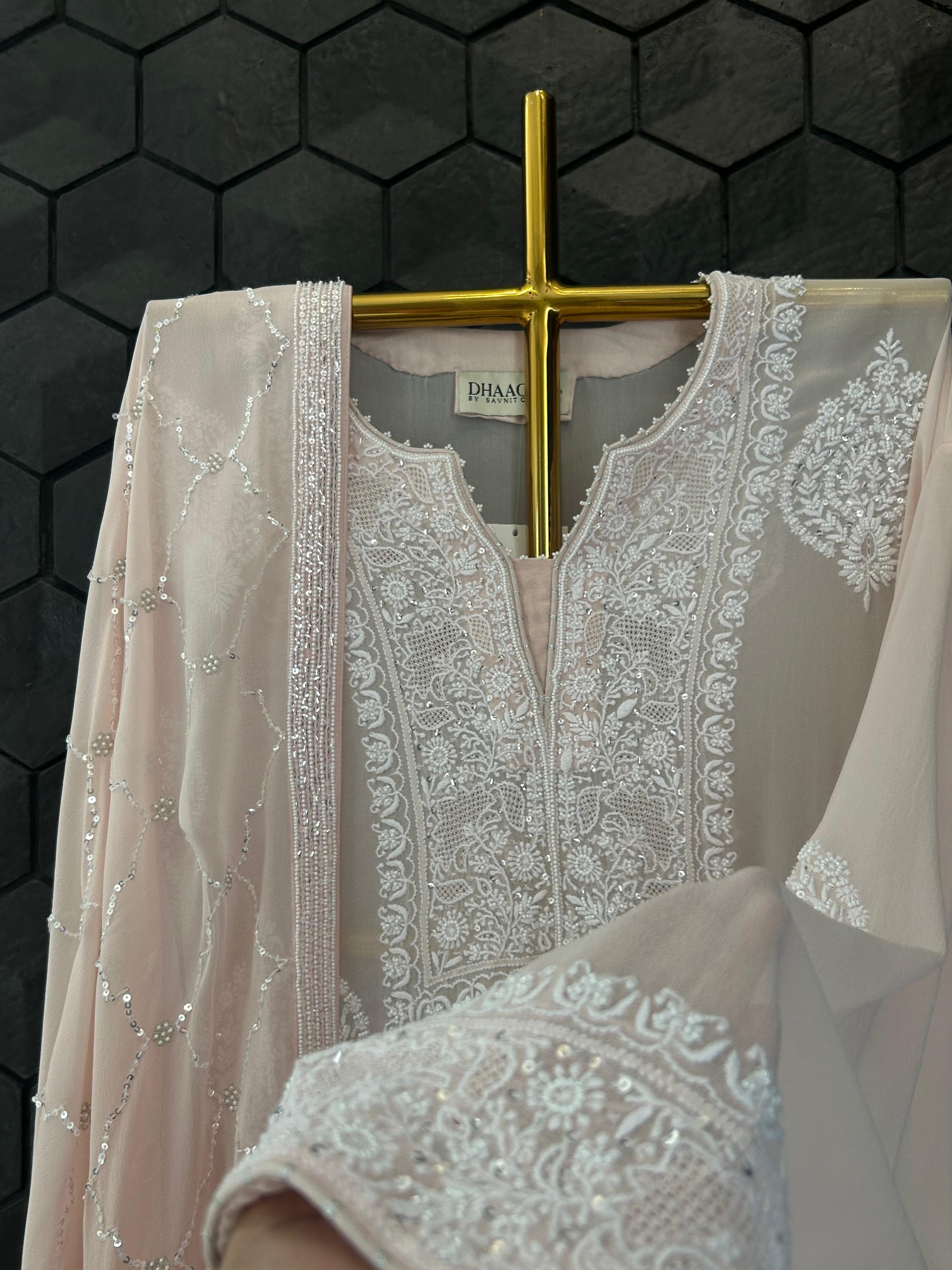 Pink georgette chikankari kurta set