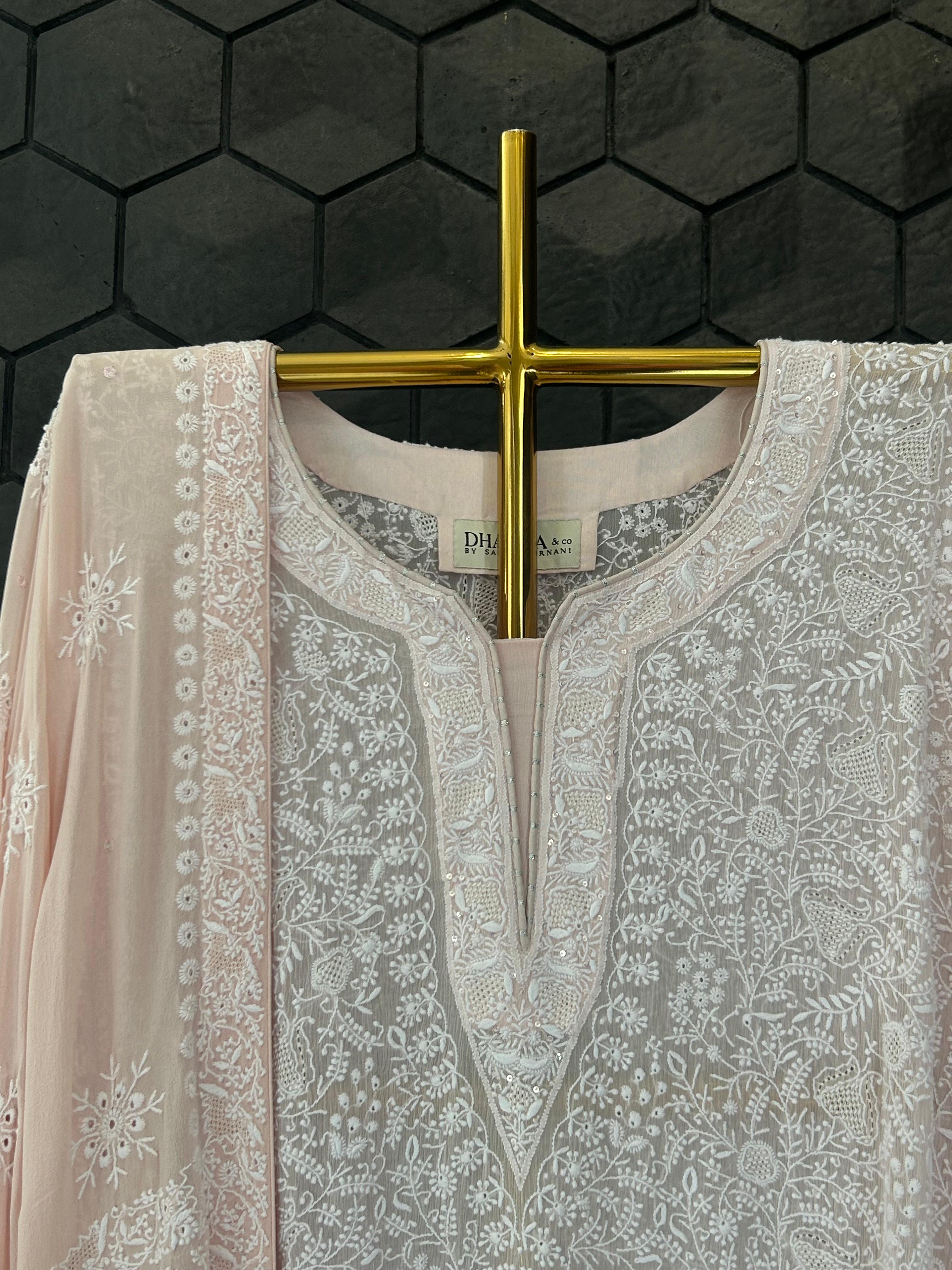Pink Chiffon chikankari kurta set
