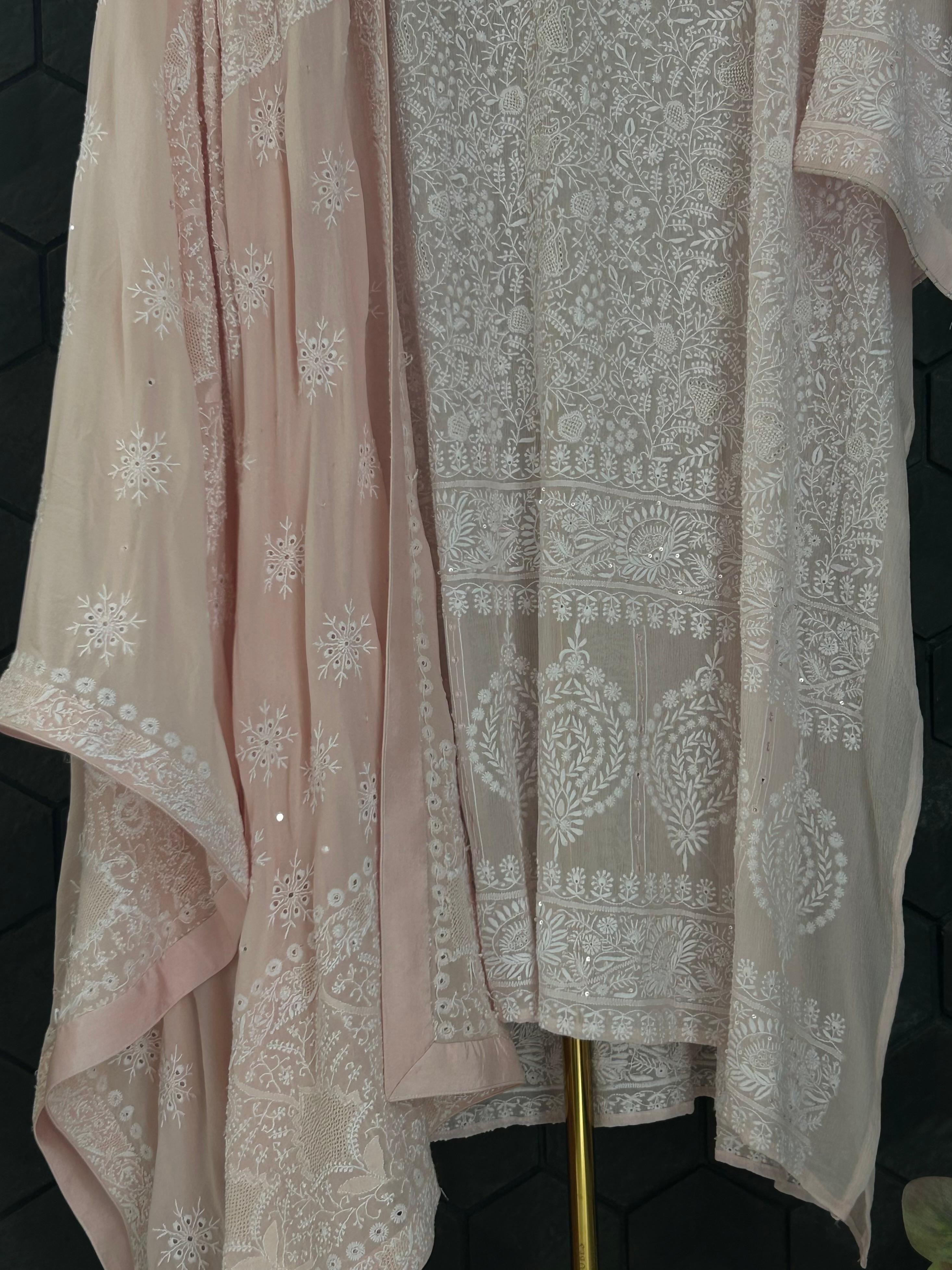 Pink Chiffon chikankari kurta set