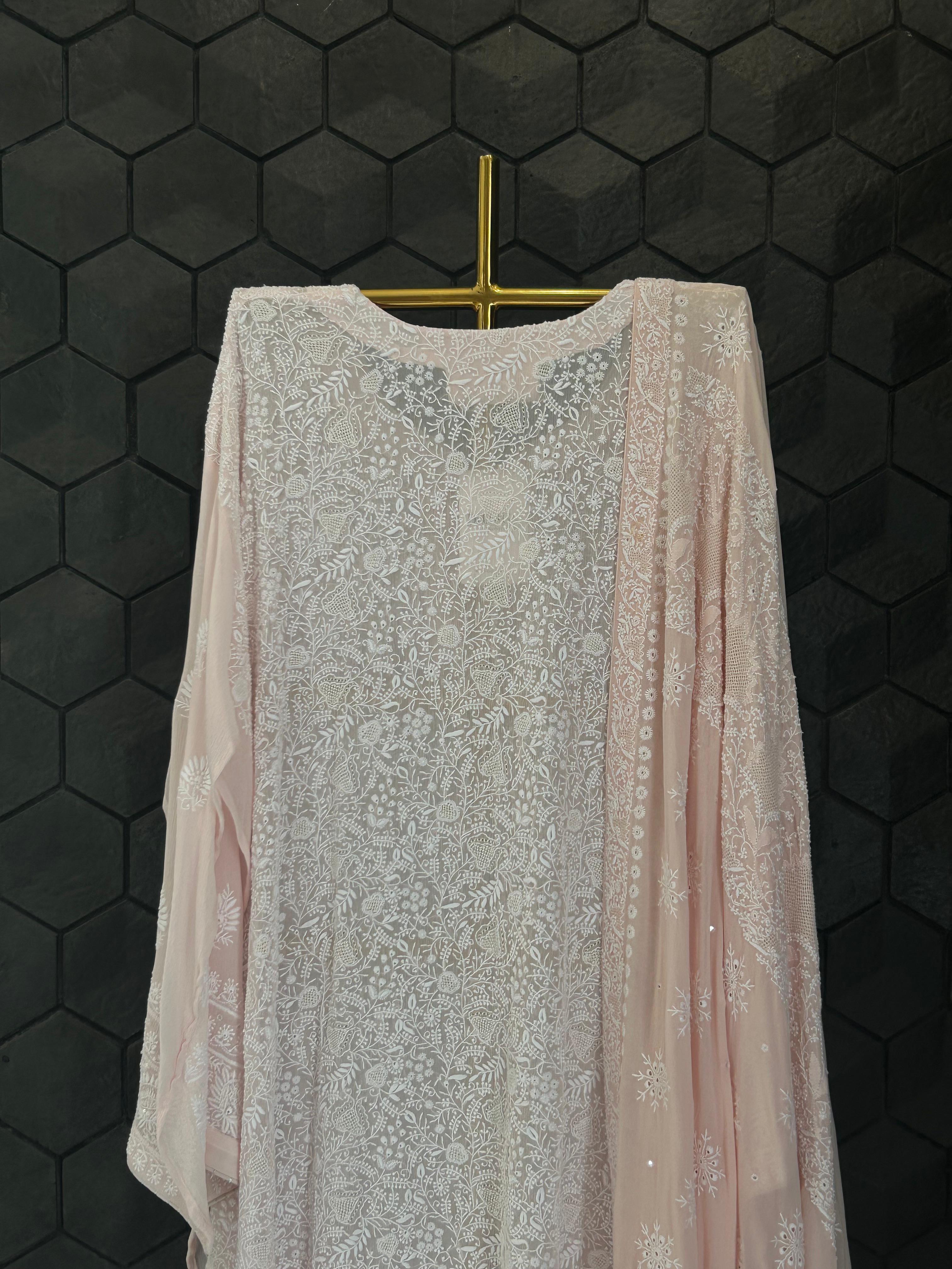 Pink Chiffon chikankari kurta set