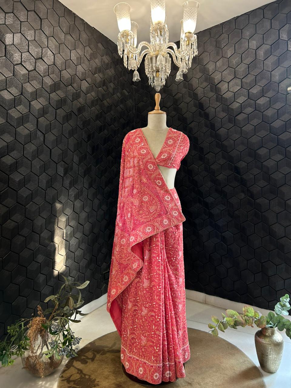 Fuschia georgette ek-taar chikankari saree