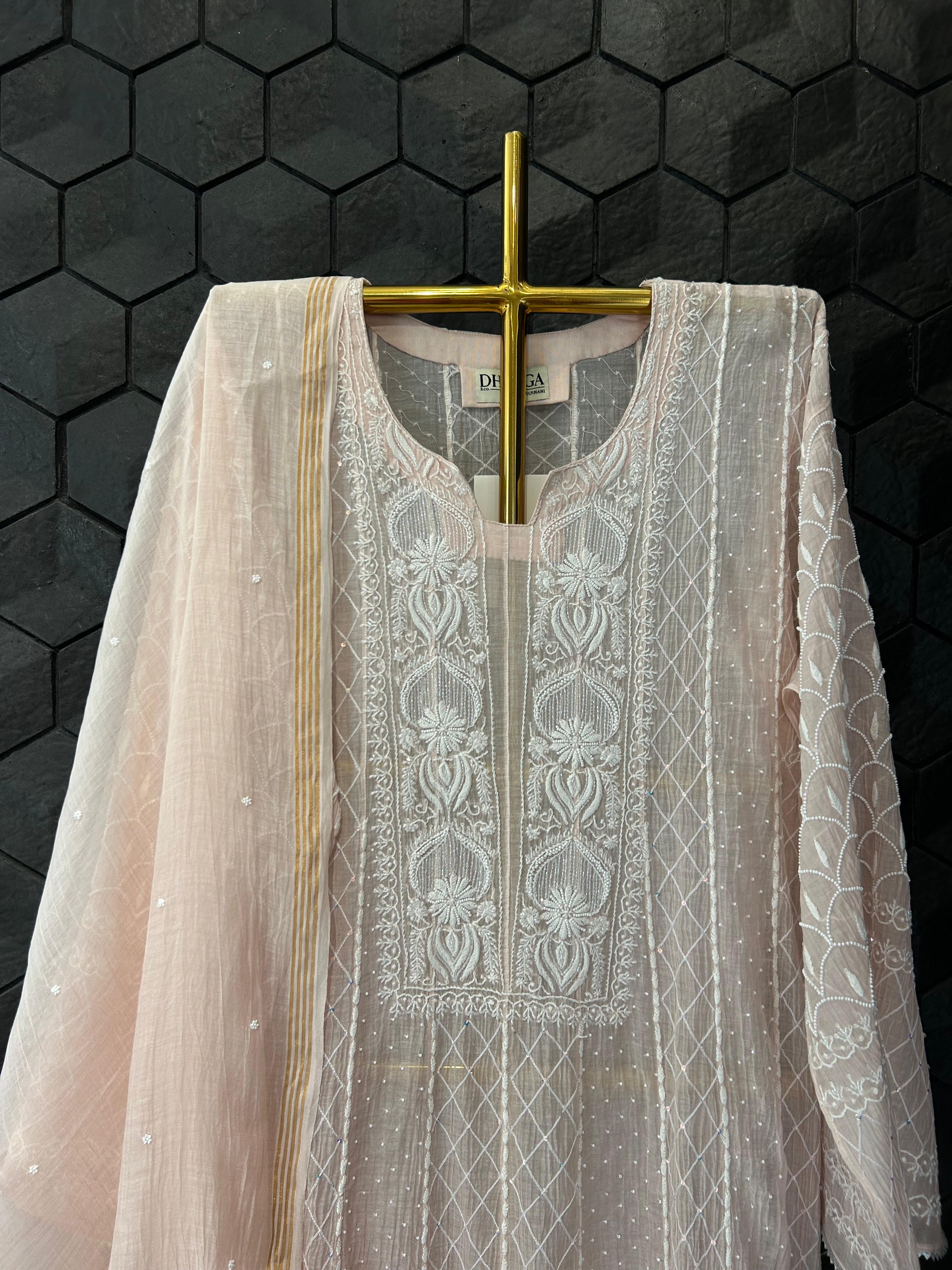 Pink mul chanderi chikankari anarkali set