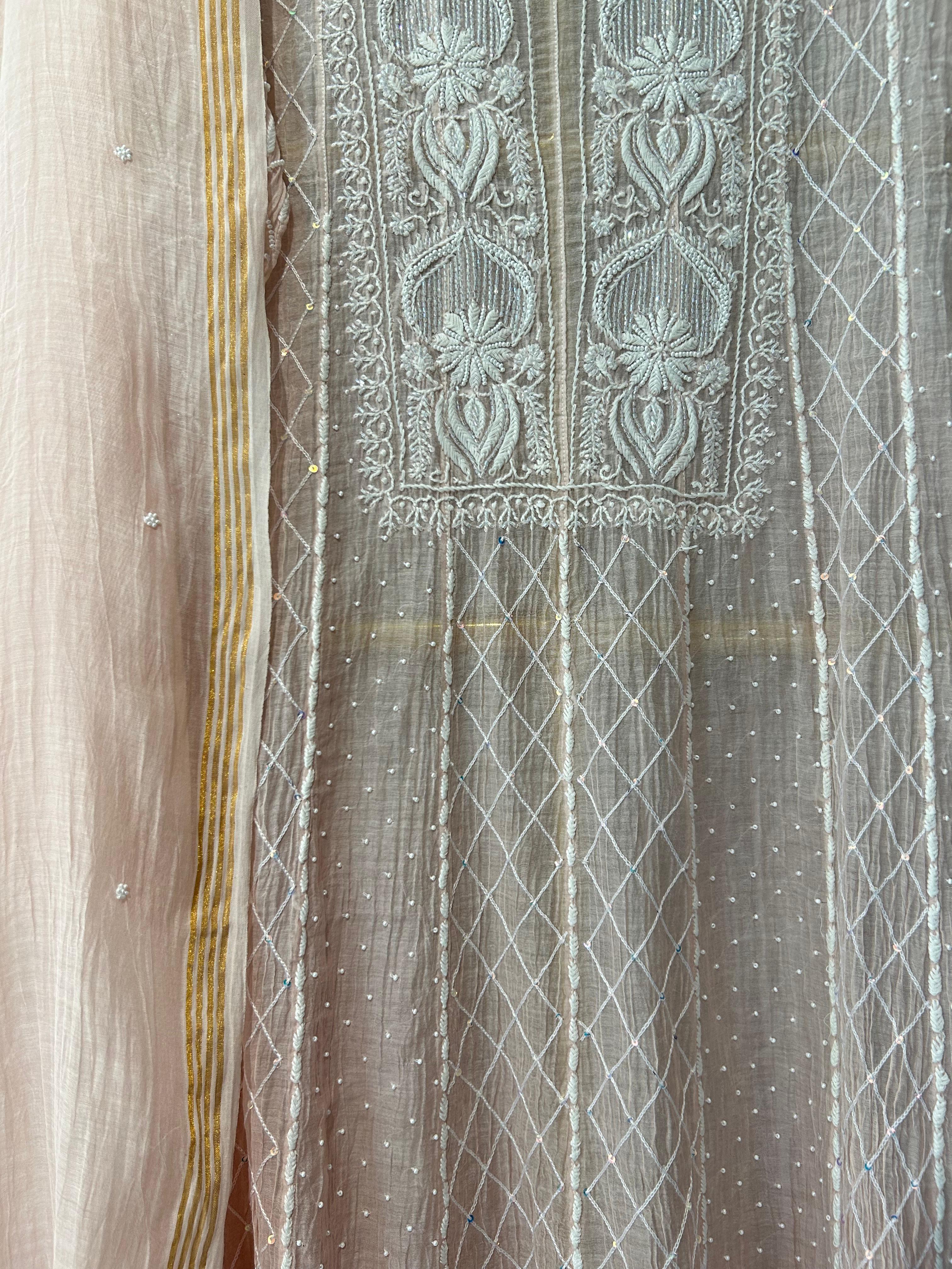 Pink mul chanderi chikankari anarkali set