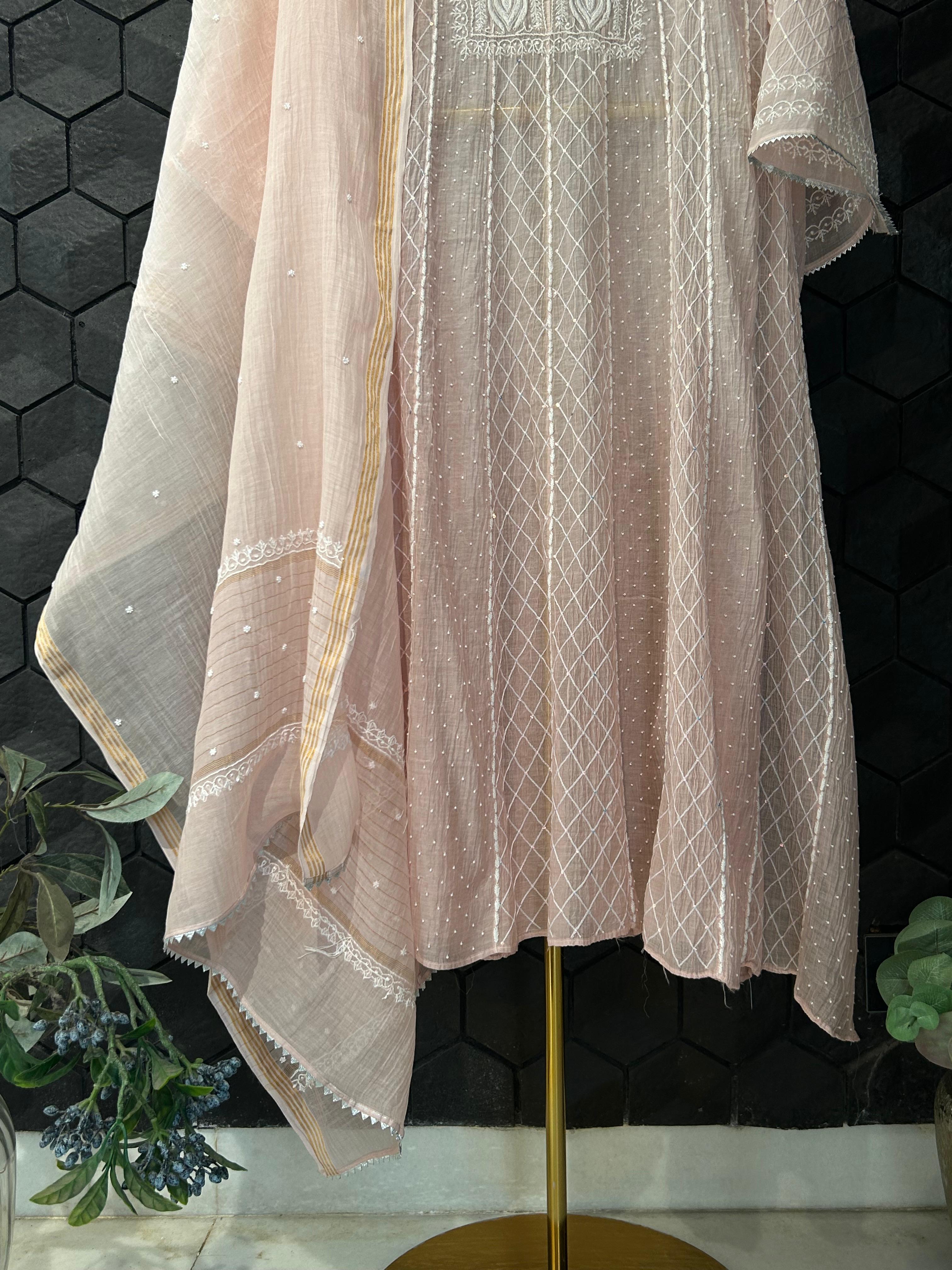 Pink mul chanderi chikankari anarkali set