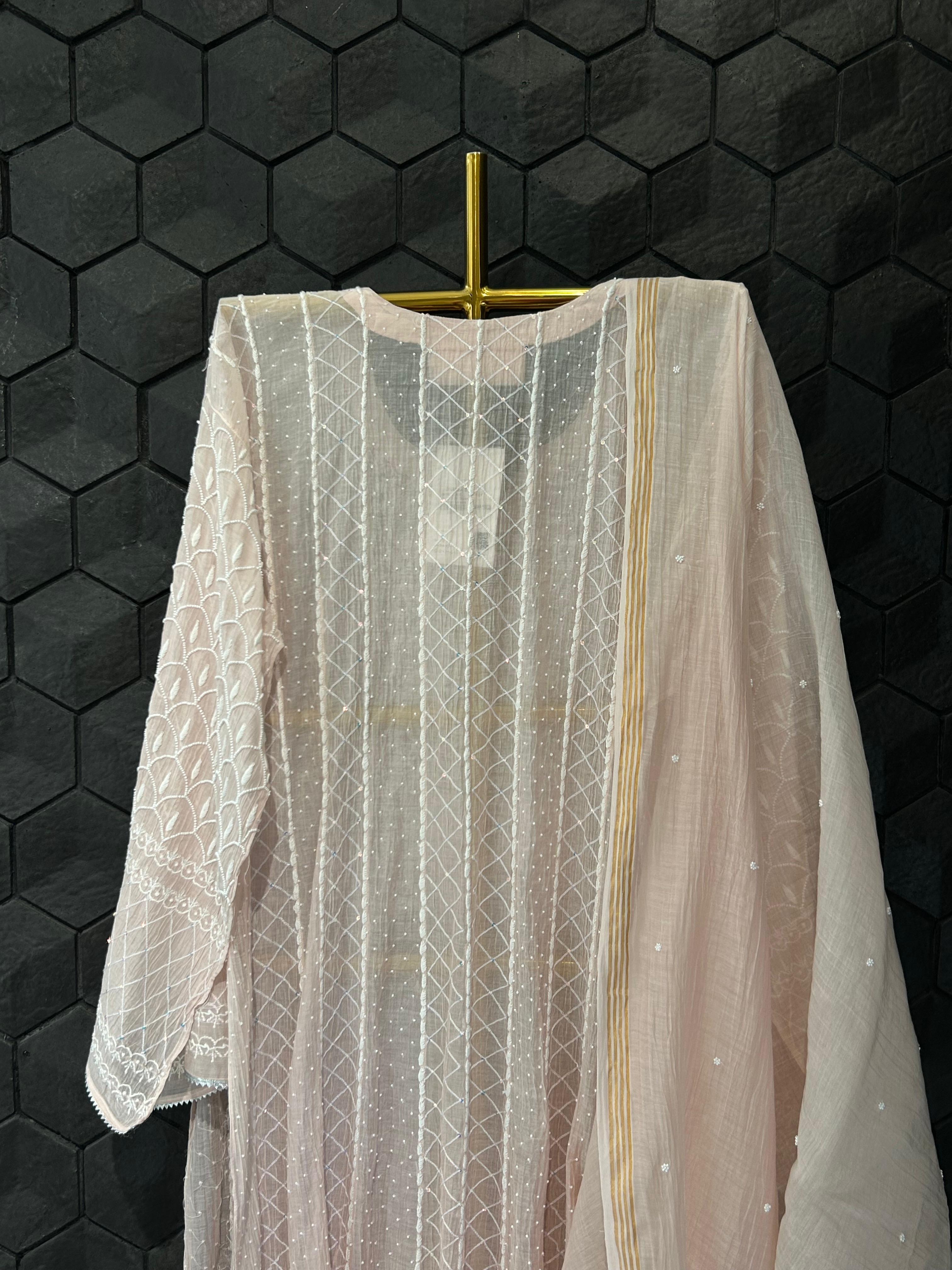 Pink mul chanderi chikankari anarkali set