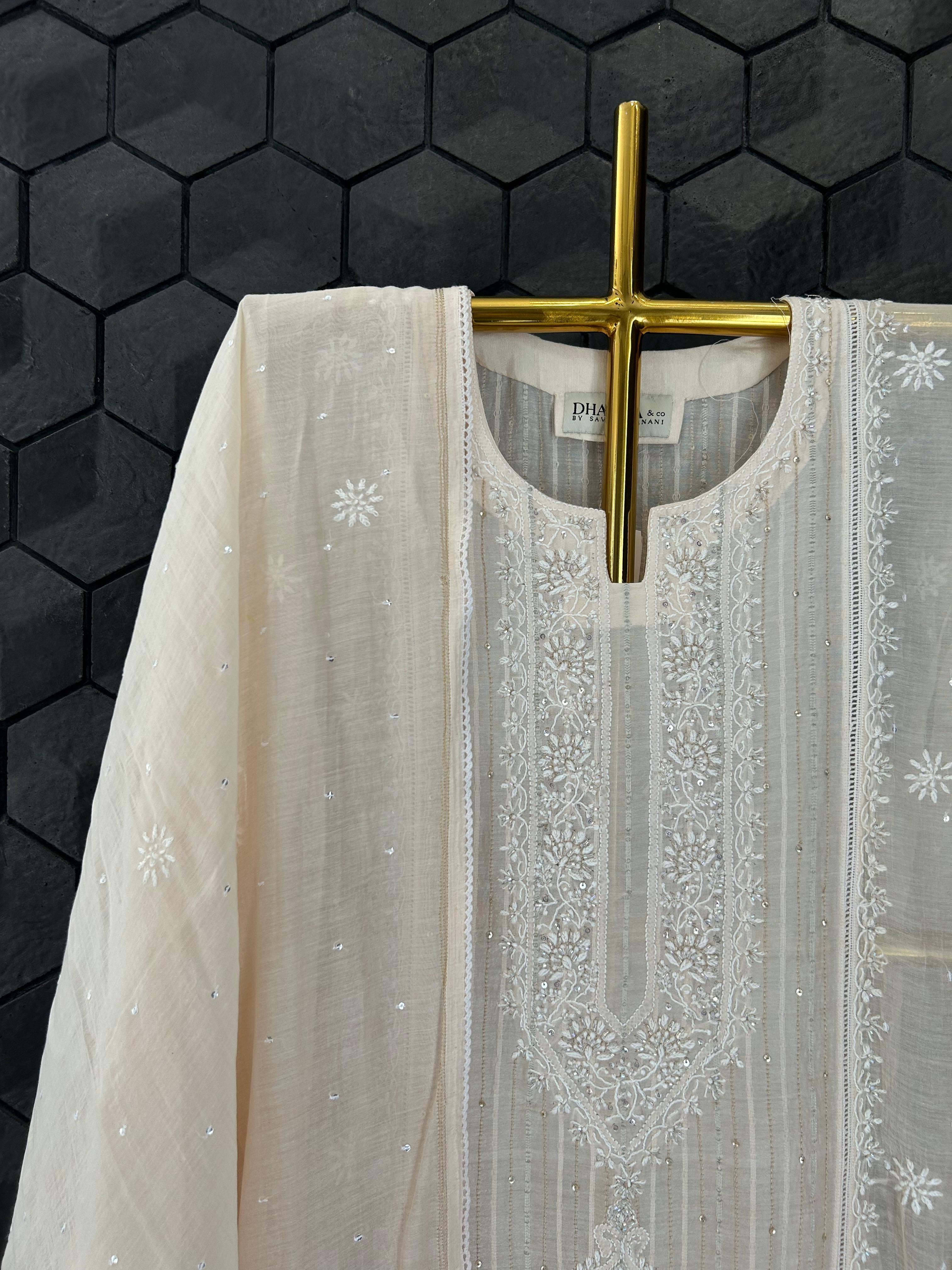 Peach mul chanderi chikankari kurta set