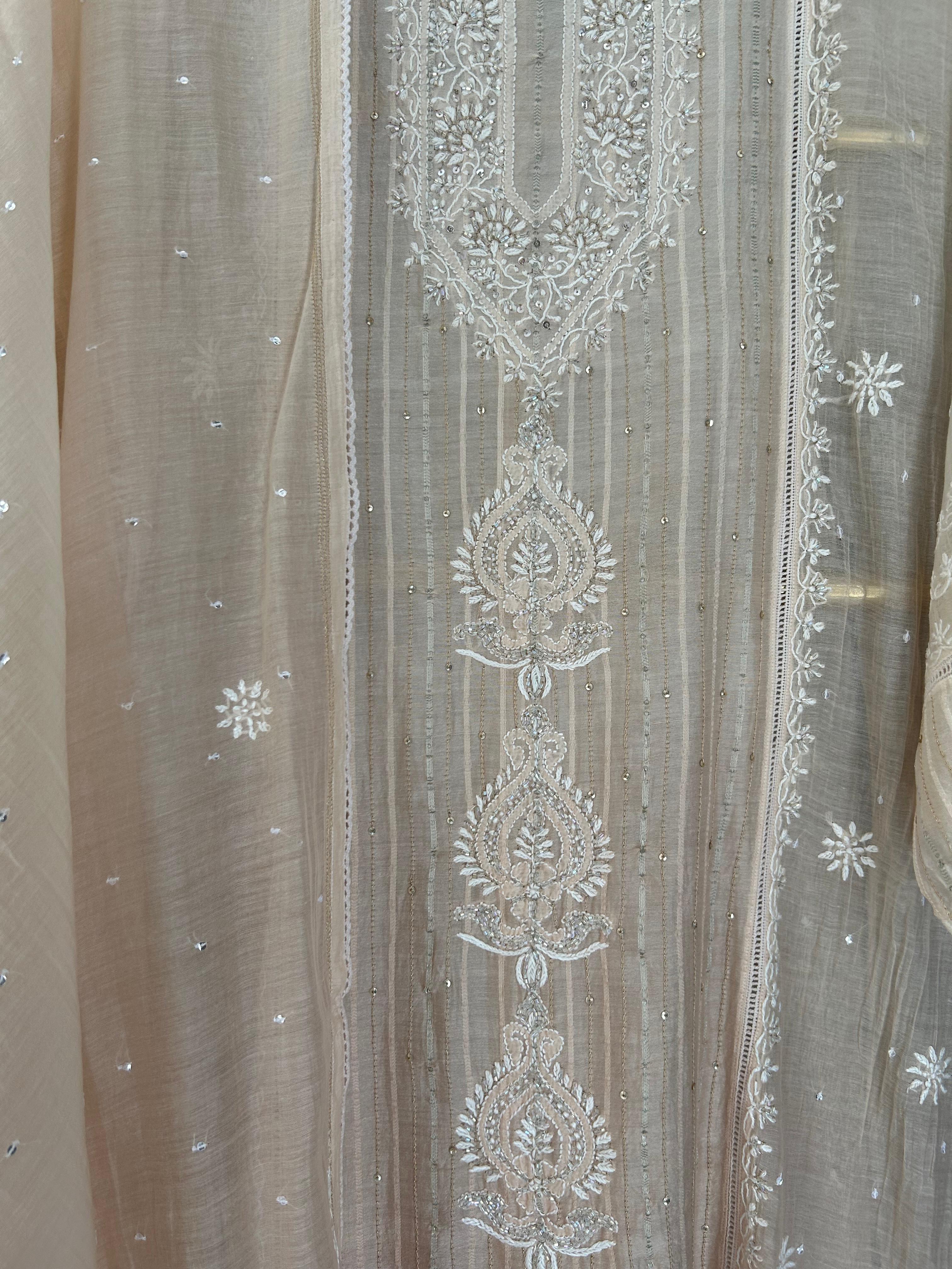 Peach mul chanderi chikankari kurta set