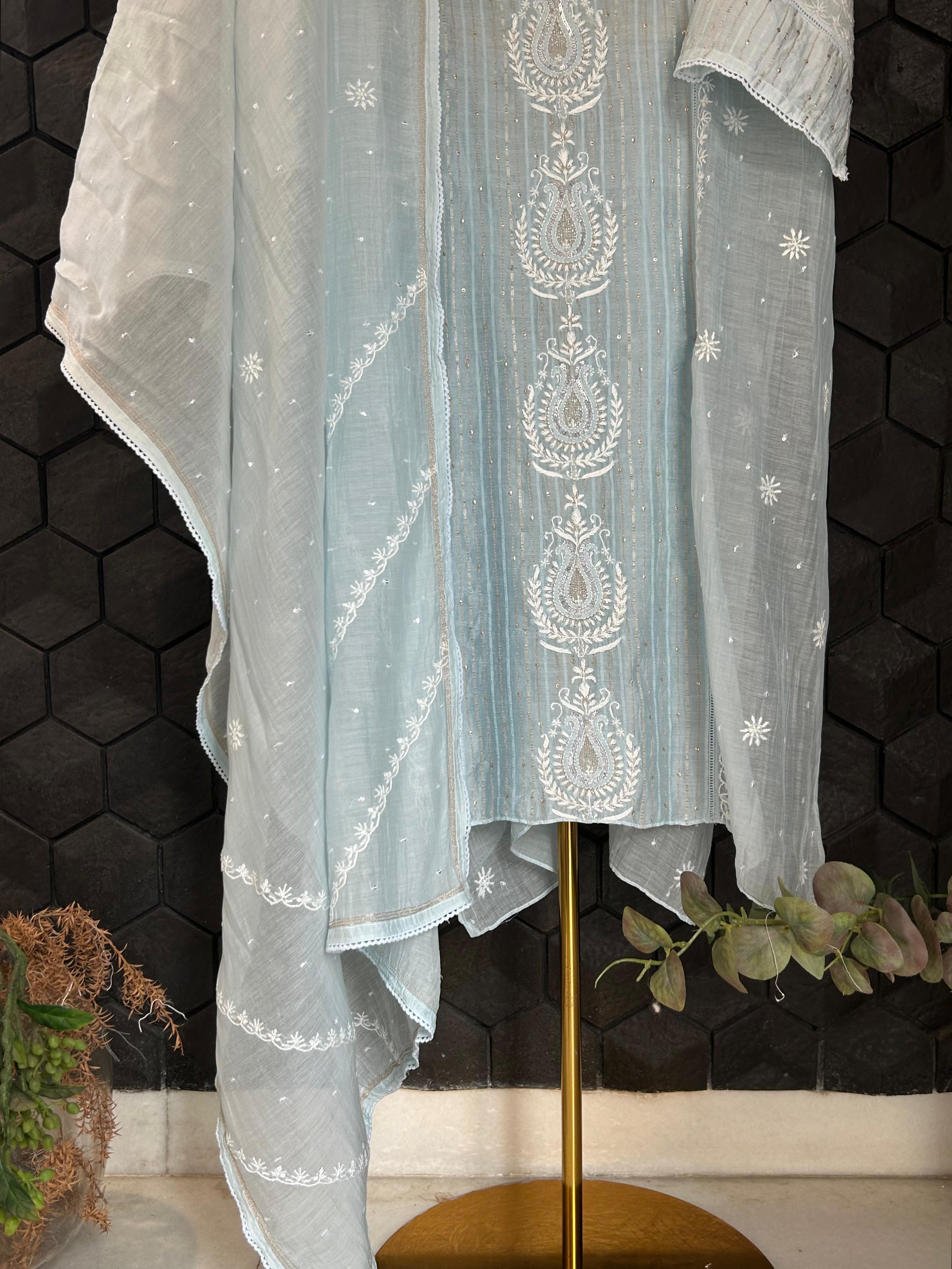 Sky Blue Mul Chanderi chikankari kurta set