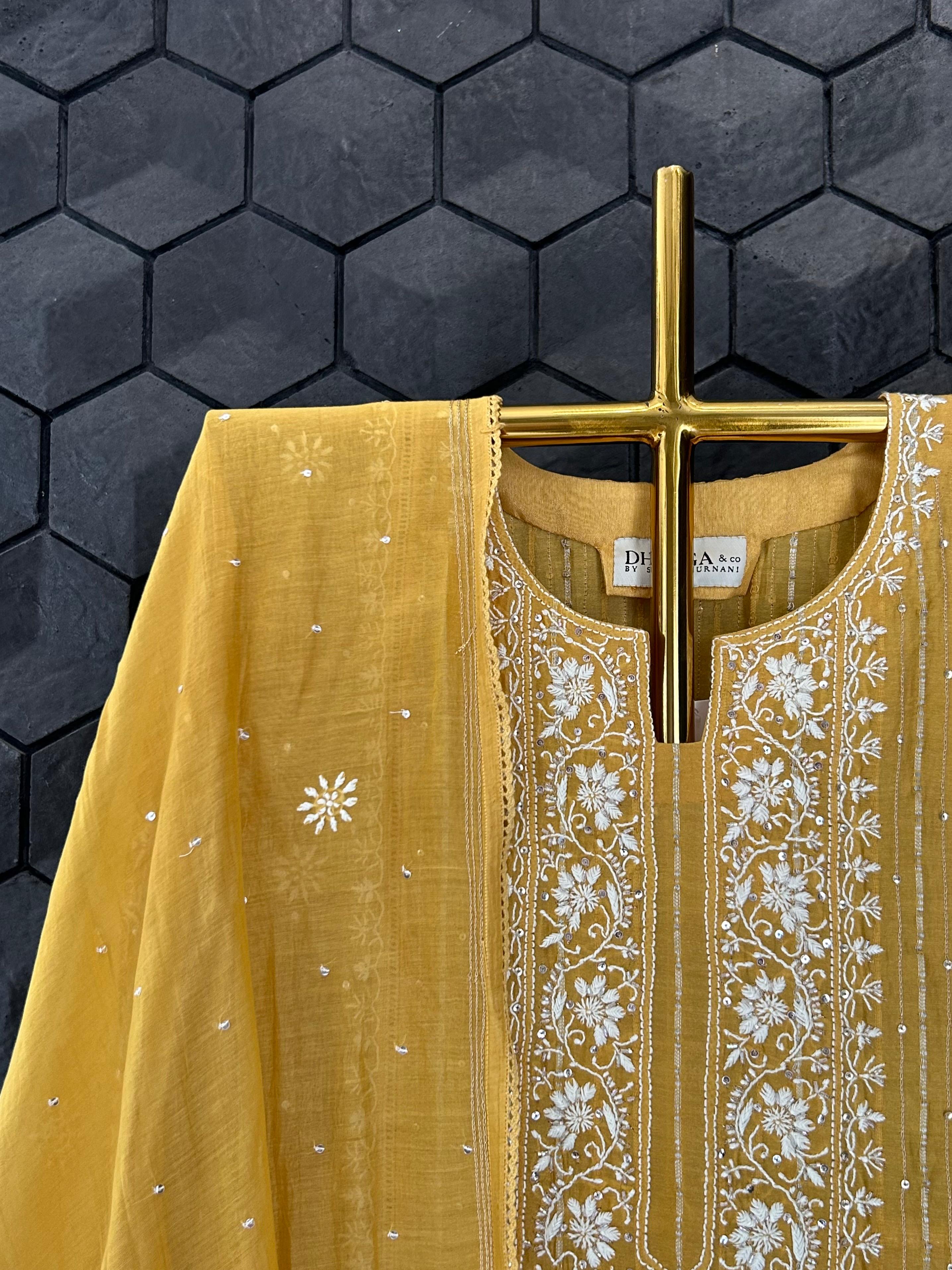Mustard mul chanderi chikankari kurta set