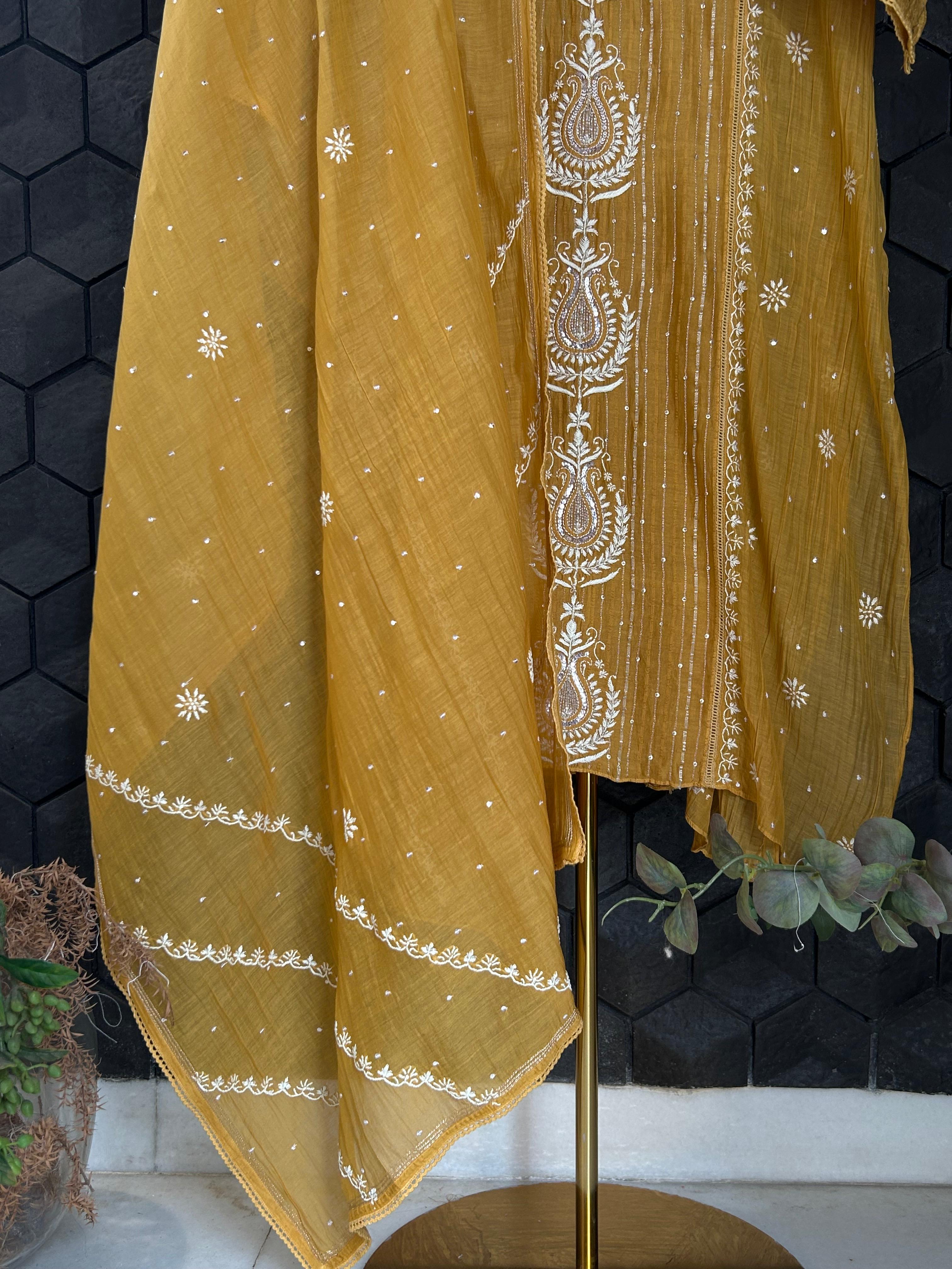 Mustard mul chanderi chikankari kurta set
