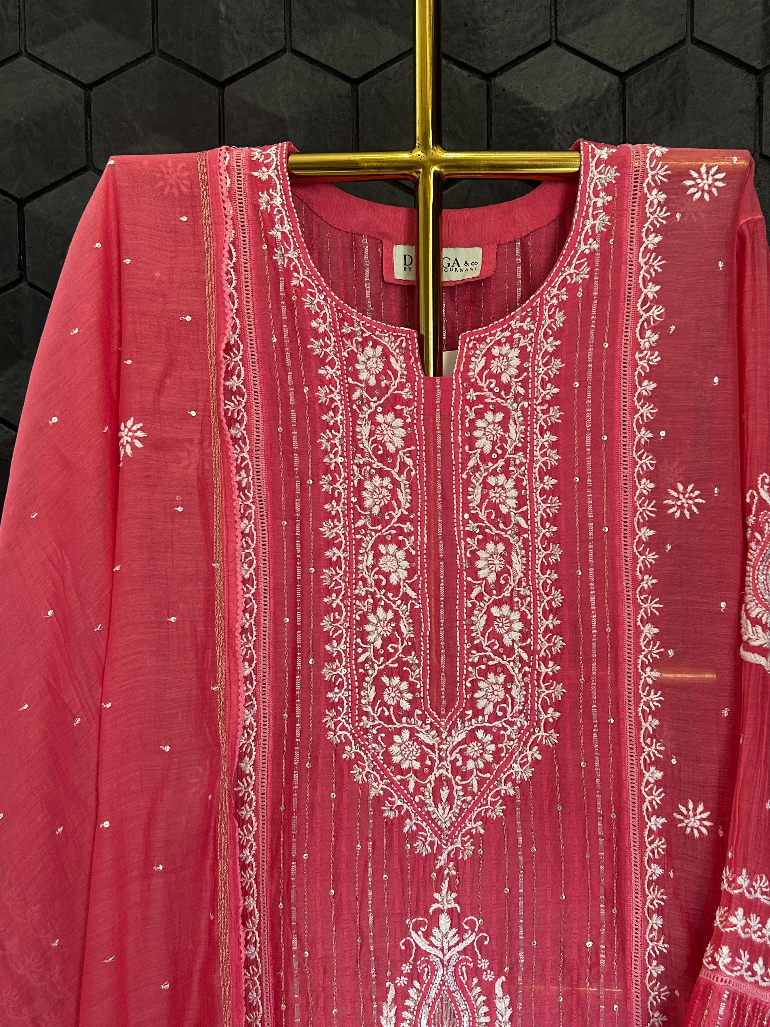 Fuschia mul chanderi chikankari kurta set