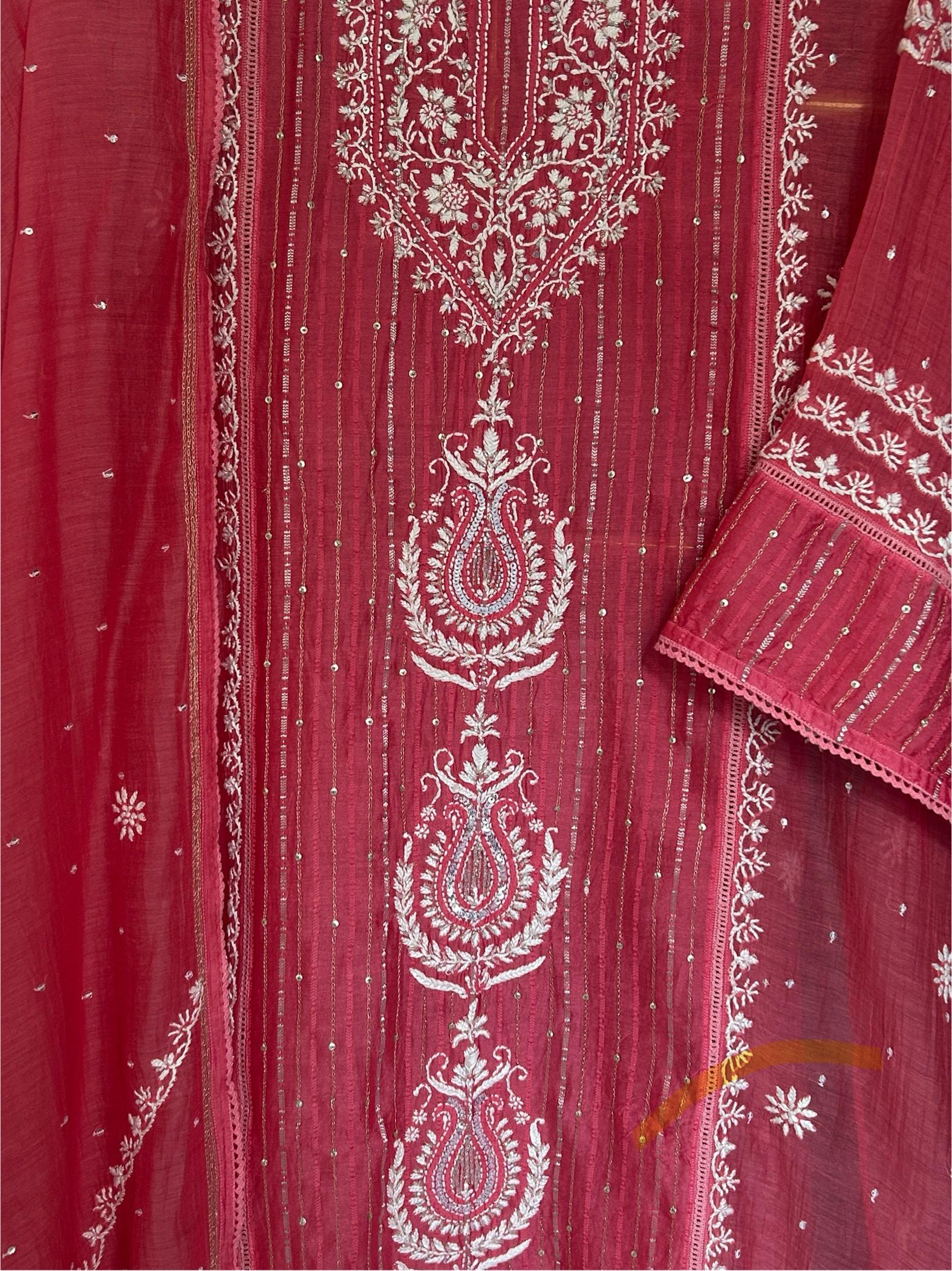 Fuschia mul chanderi chikankari kurta set
