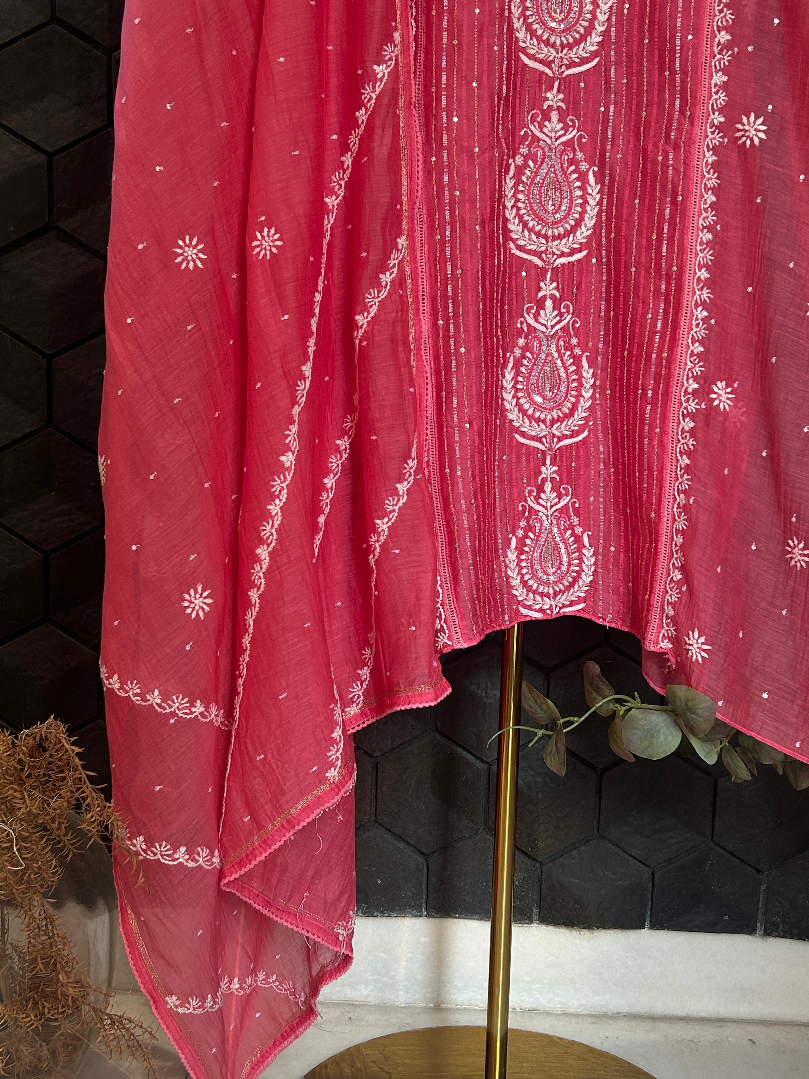 Fuschia mul chanderi chikankari kurta set