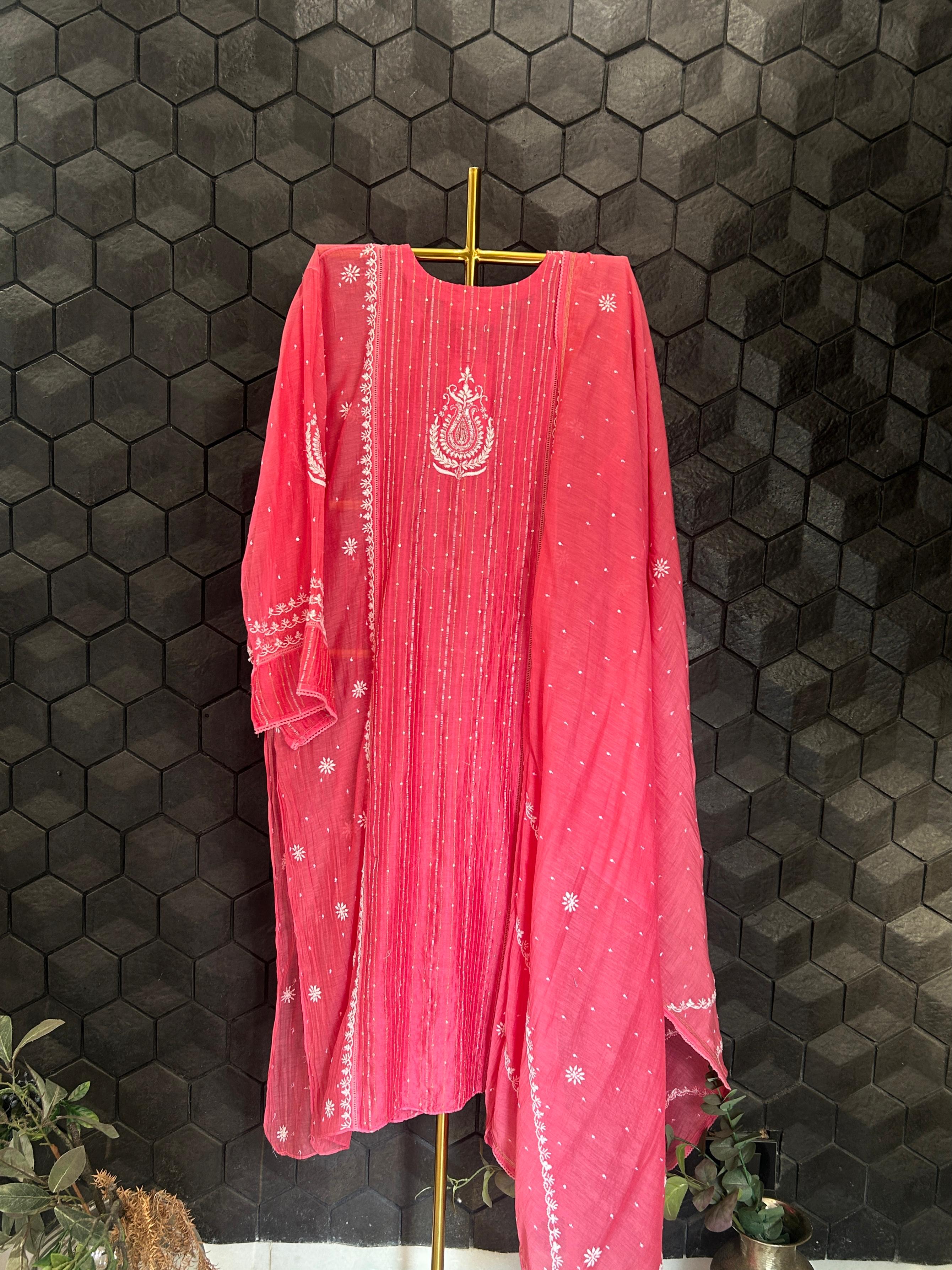 Fuschia mul chanderi chikankari kurta set