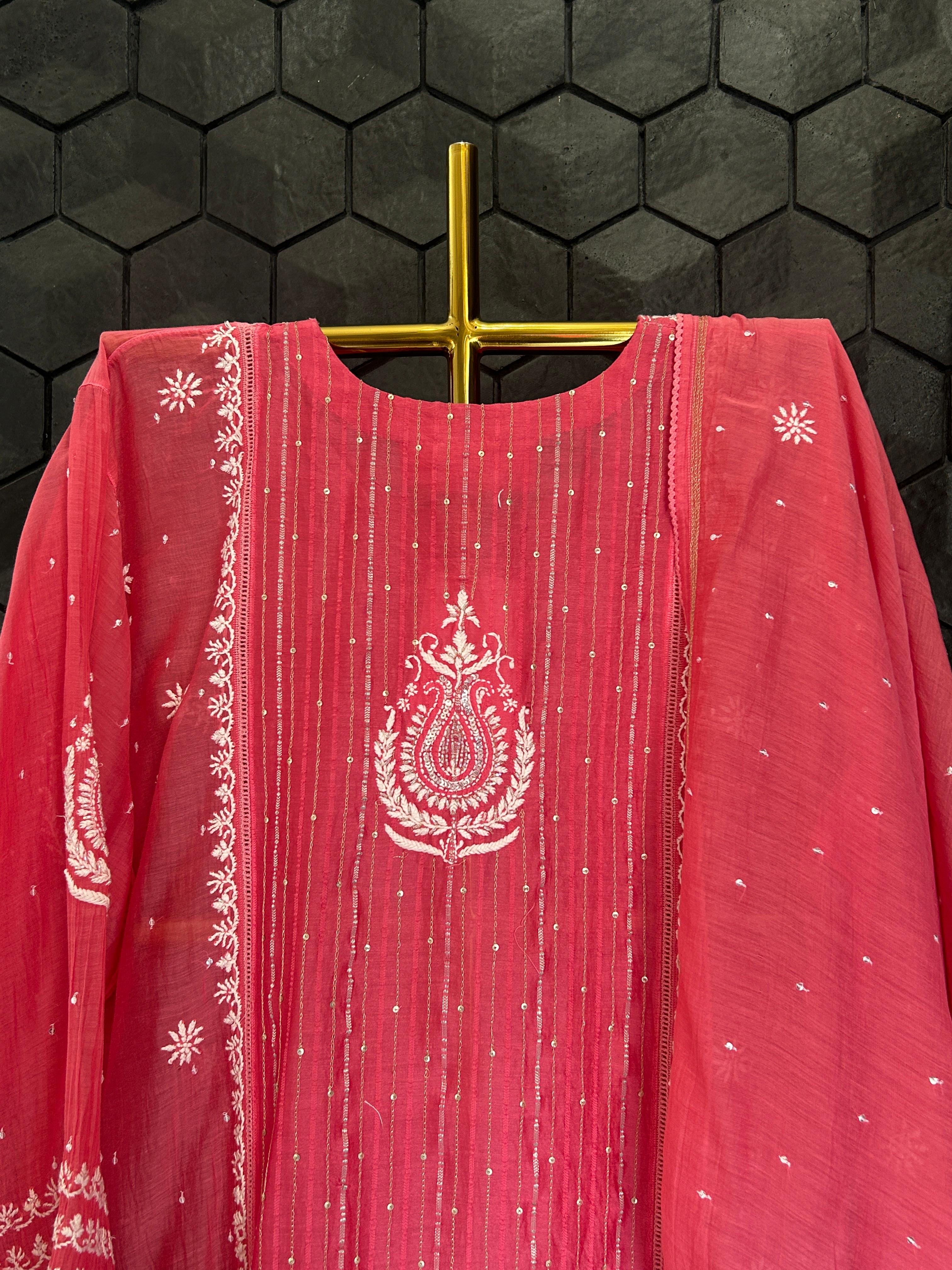 Fuschia mul chanderi chikankari kurta set