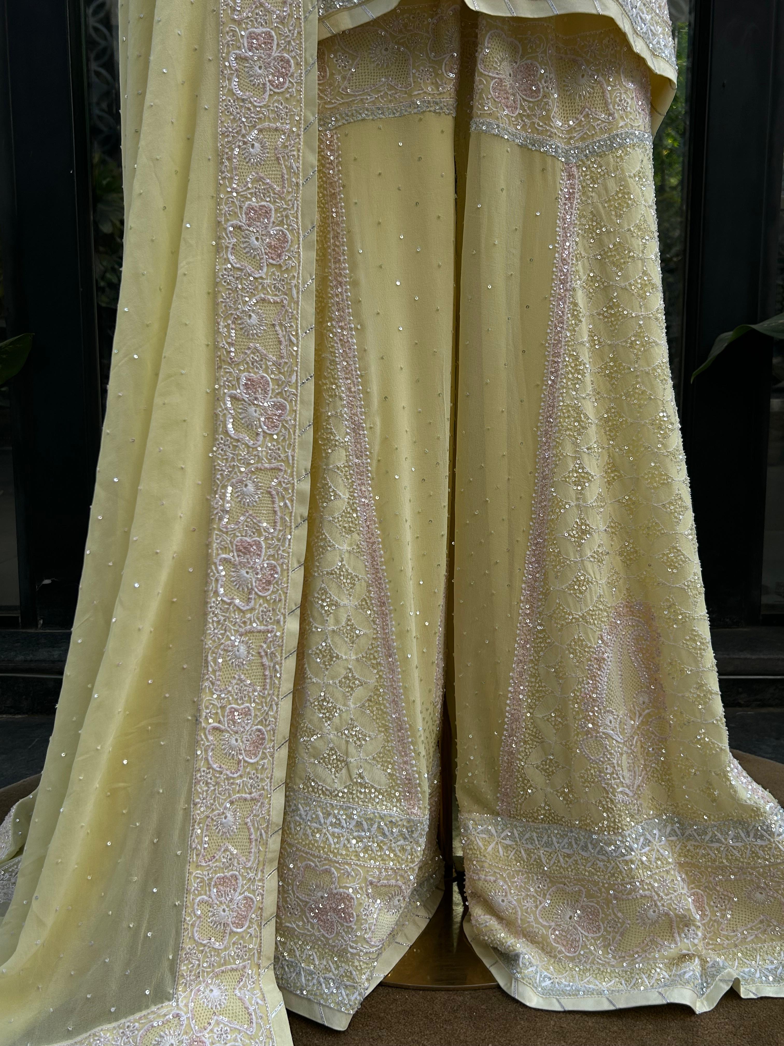 Yellow Georgette ek - taar chikankari sharara set
