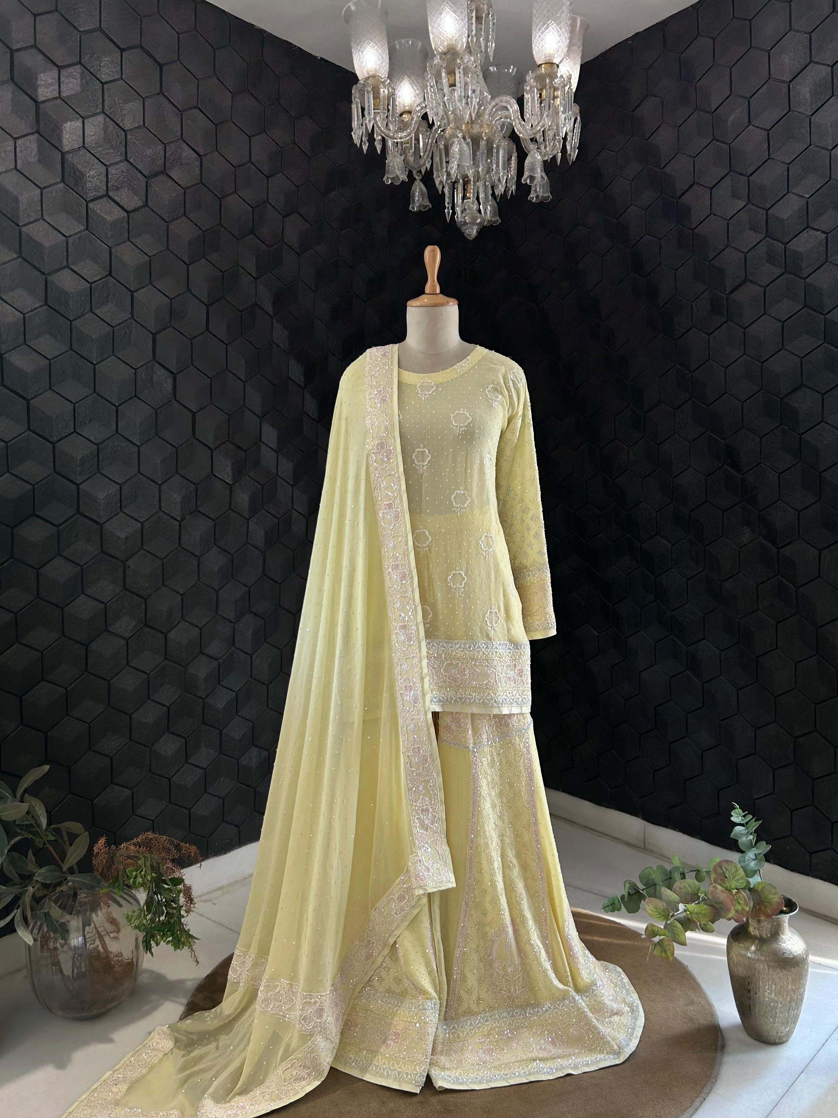 Yellow Georgette ek - taar chikankari sharara set