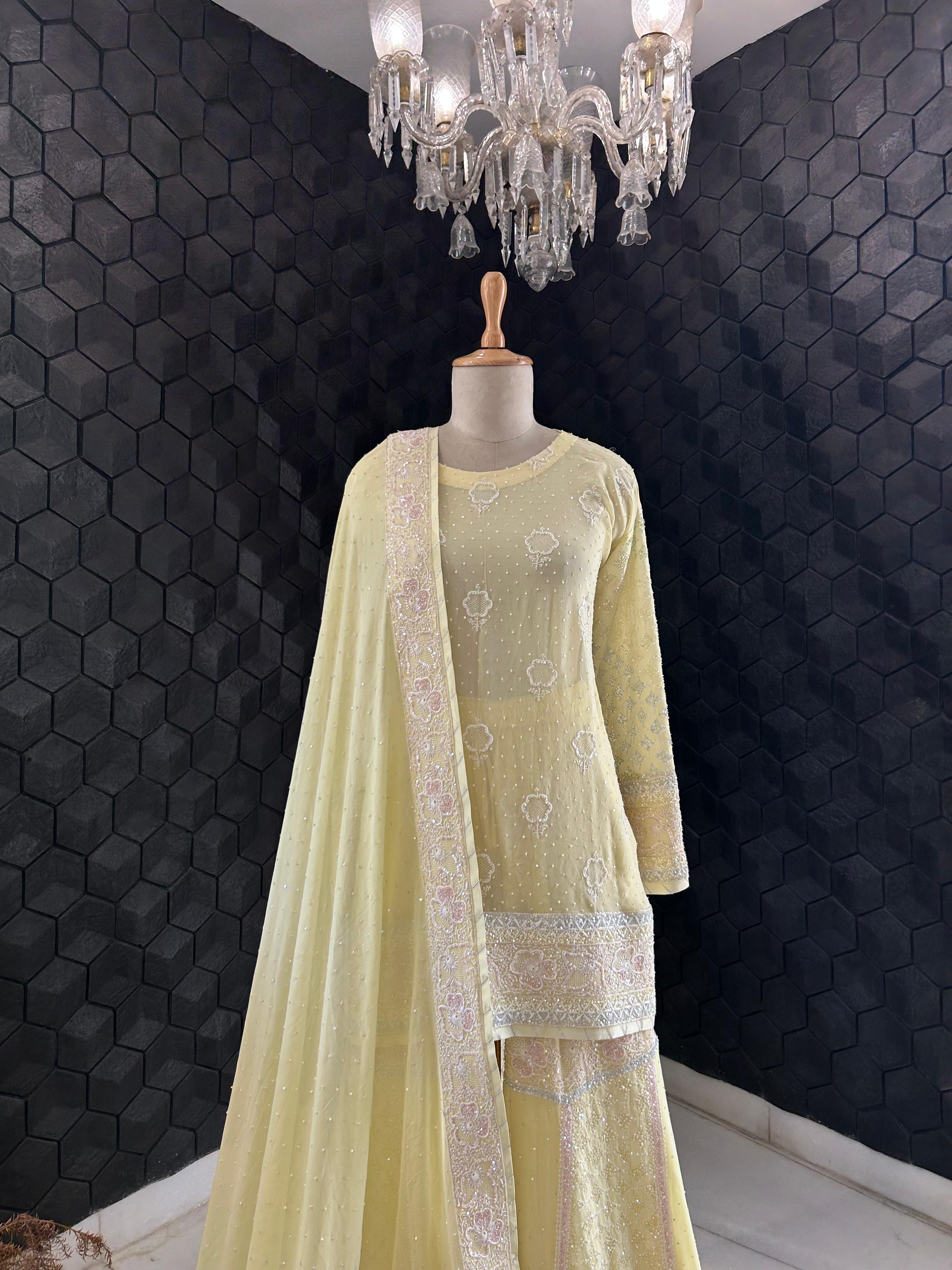 Yellow Georgette ek - taar chikankari sharara set