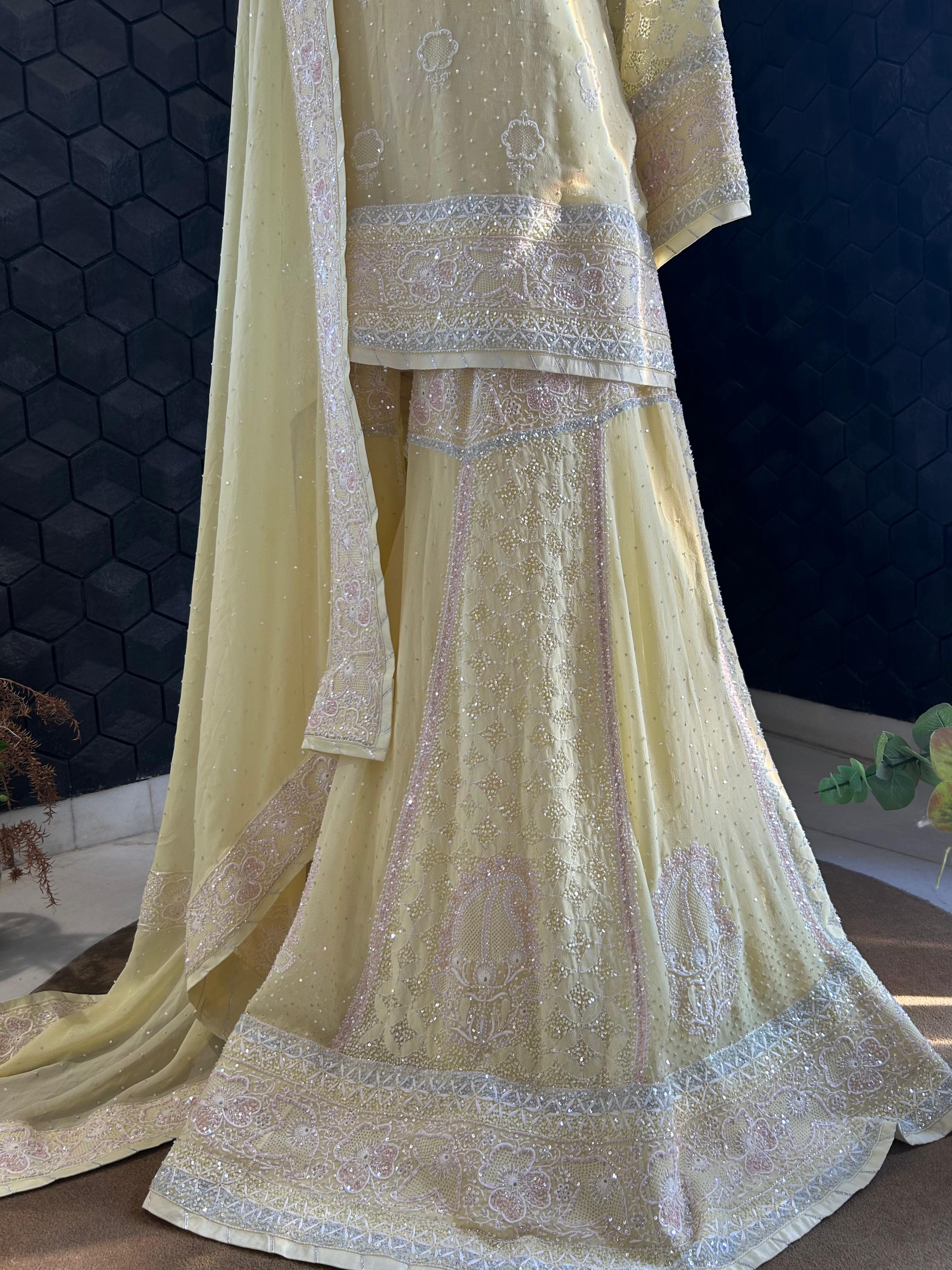 Yellow Georgette ek - taar chikankari sharara set