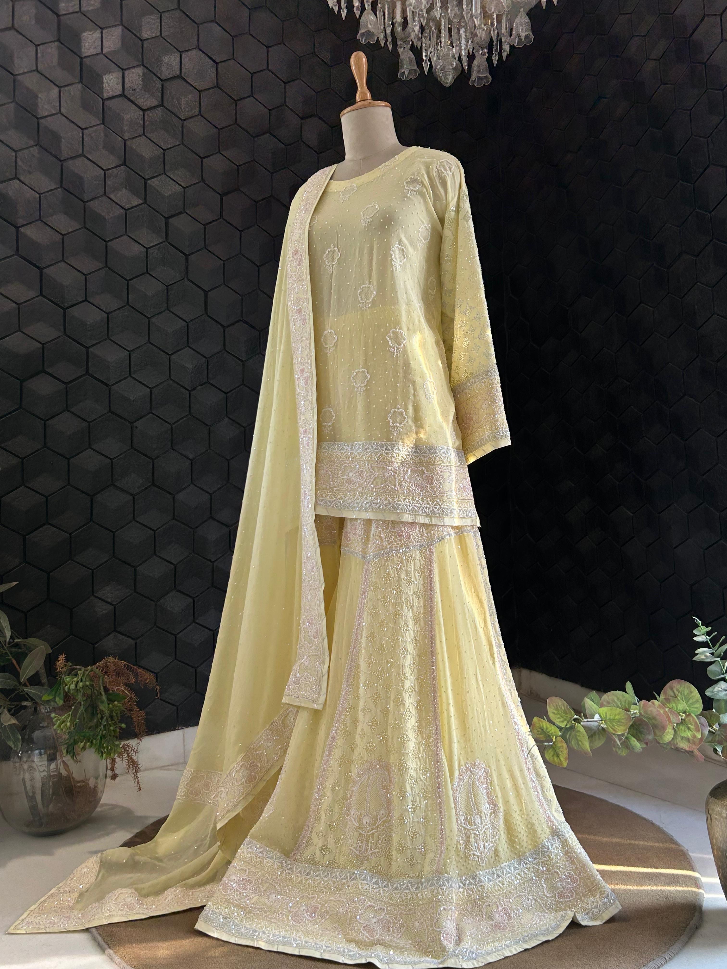 Yellow Georgette ek - taar chikankari sharara set