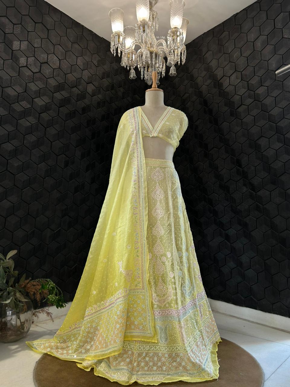 Yellow organza chikankari lehenga set