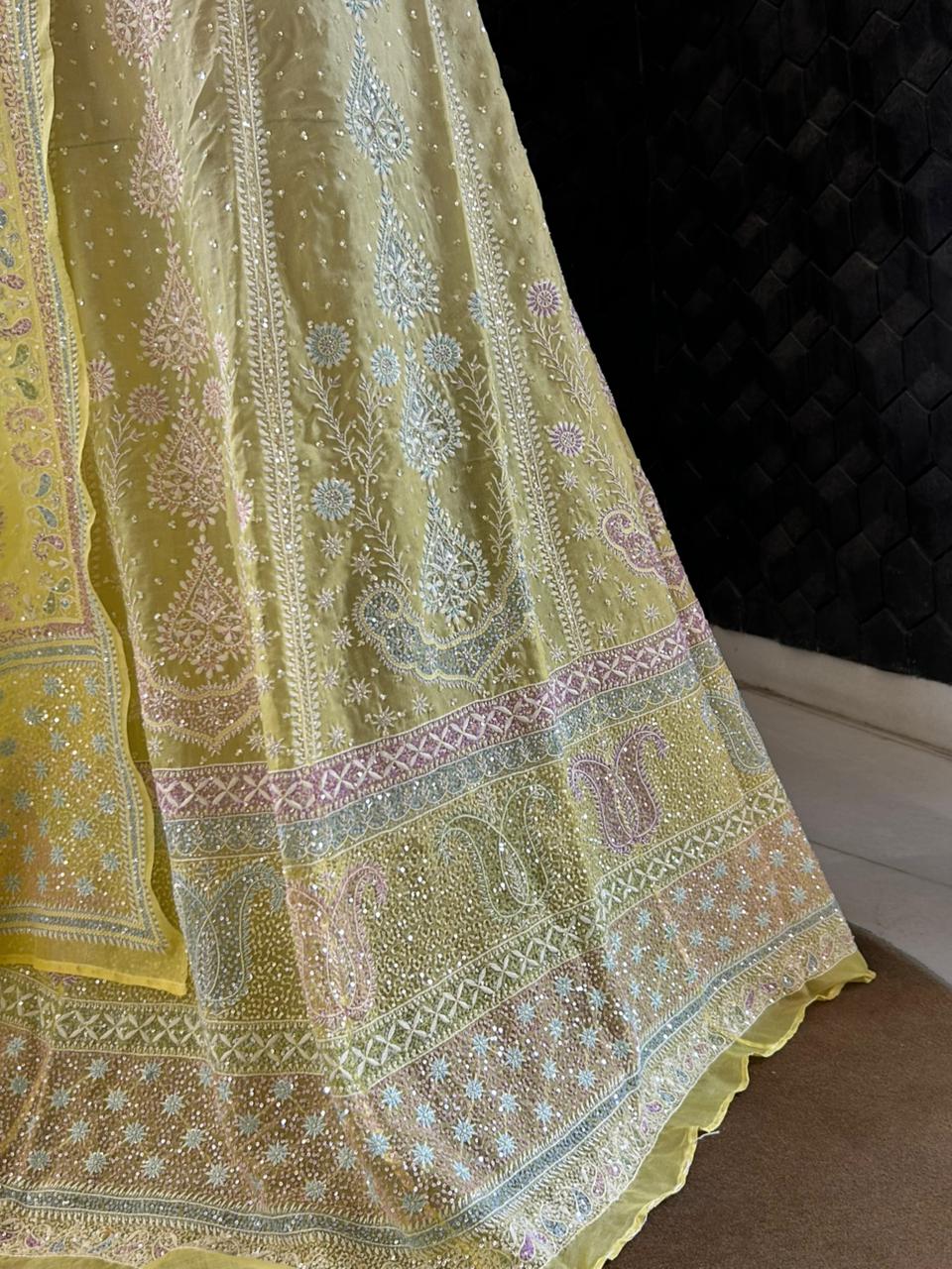 Yellow organza chikankari lehenga set