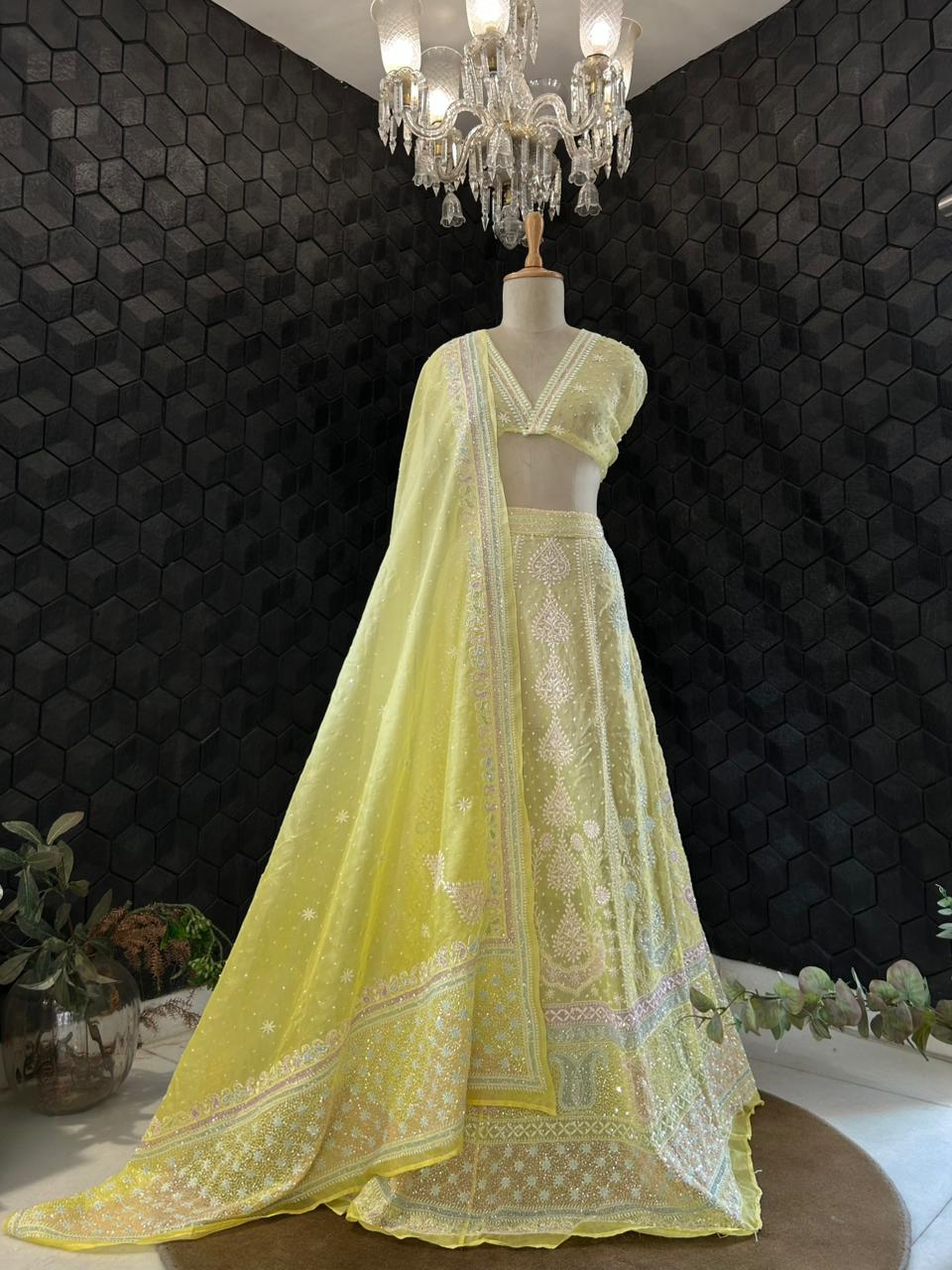 Yellow organza chikankari lehenga set